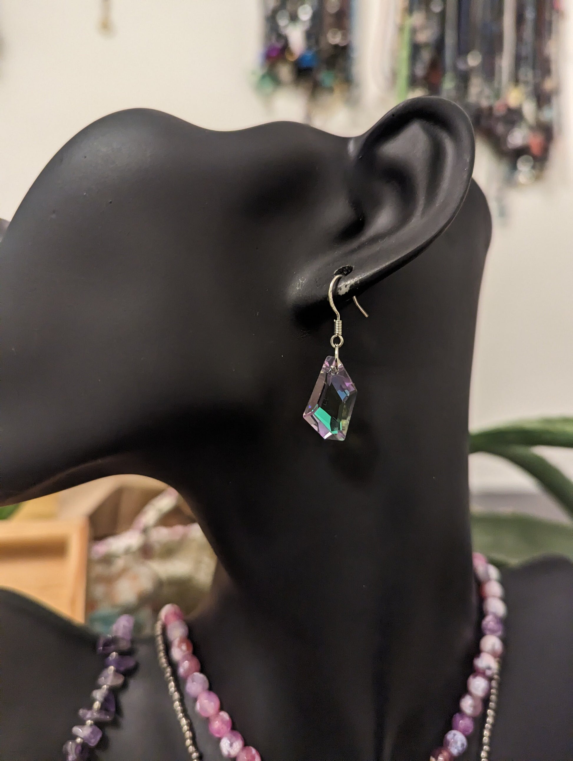 Pink Layers: Pink Gemstone Beads and Silver Agate Pendant, Pink Butterfly Pendant, Amethyst Bracelet and Rhombic Glass Earrings