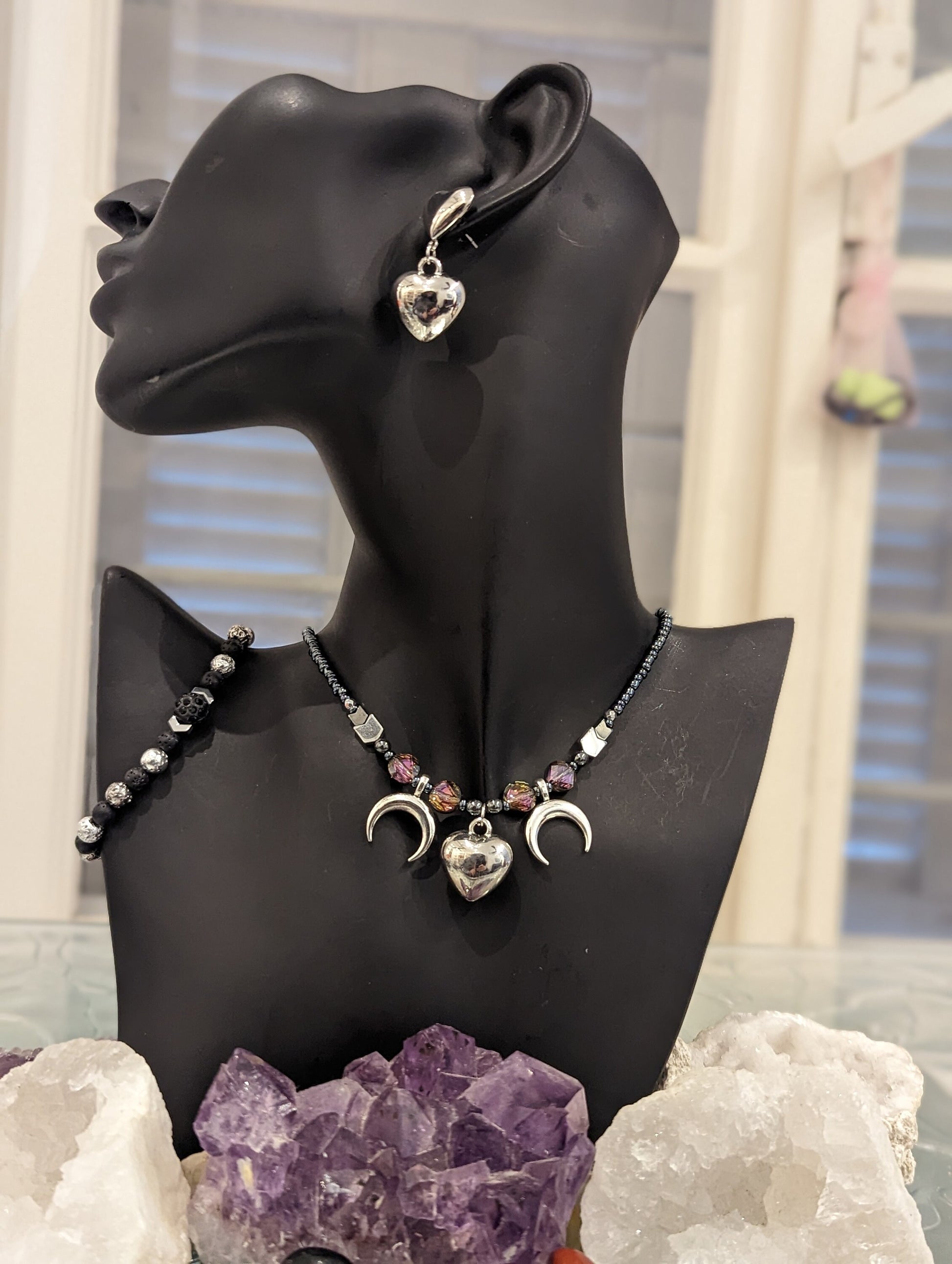 Silver Heart and Moons Beaded Set with Purple Glass Beads, Arrow Beads and Beaded Bracelet with Shimmering Black and Silver Beads