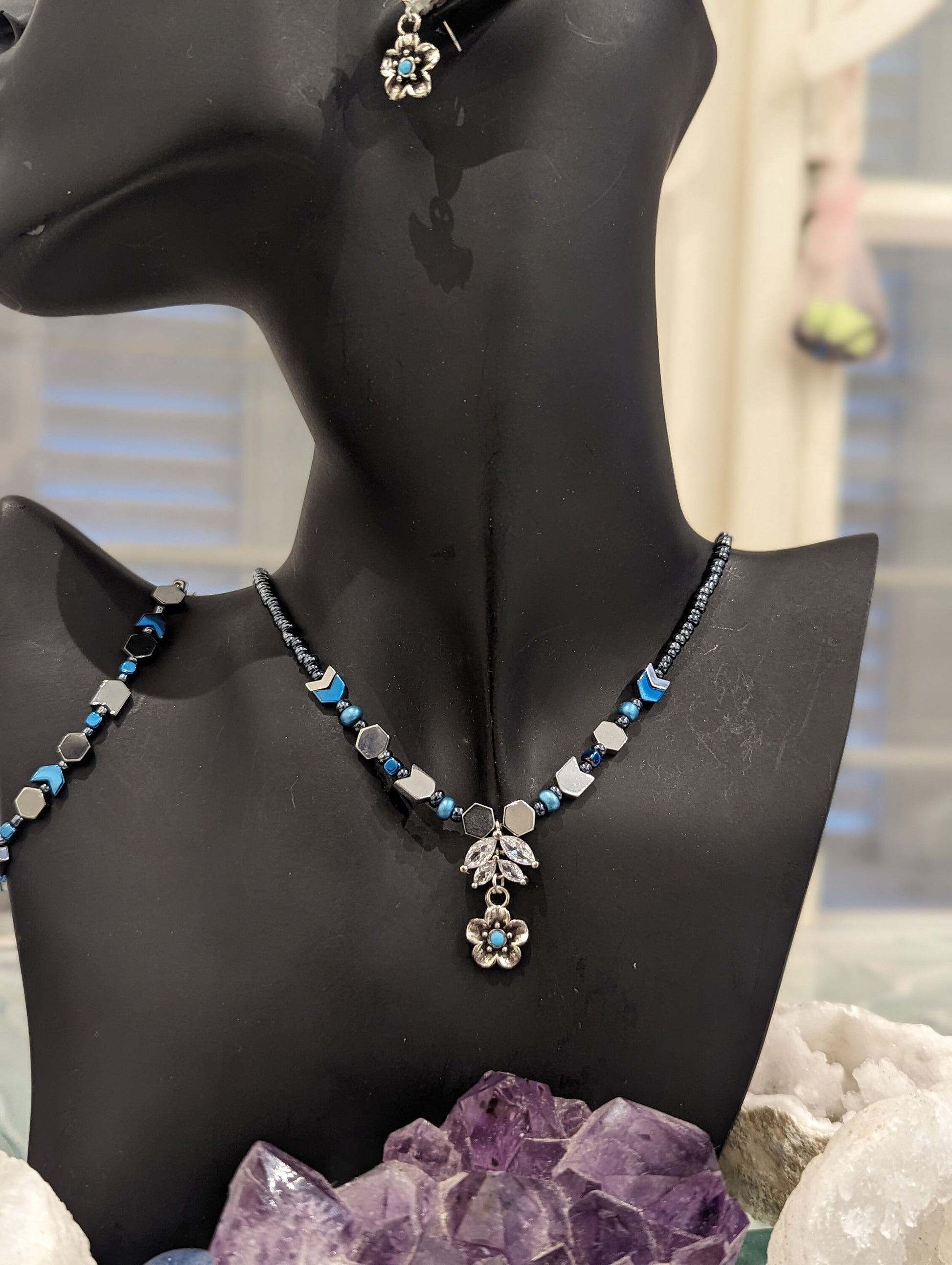 Zircon Set 15: Zircon Crystal Leaf Pendant with Silver Light Blue Flower Pendant and Earrings, Hematite Styled and Blue Arrows Bracelet