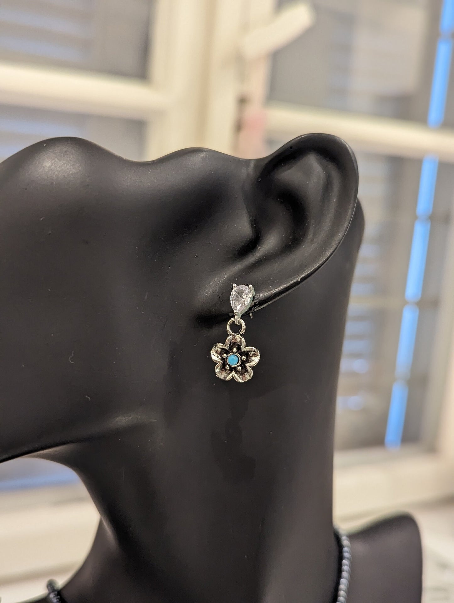 Zircon Set 15: Zircon Crystal Leaf Pendant with Silver Light Blue Flower Pendant and Earrings, Hematite Styled and Blue Arrows Bracelet