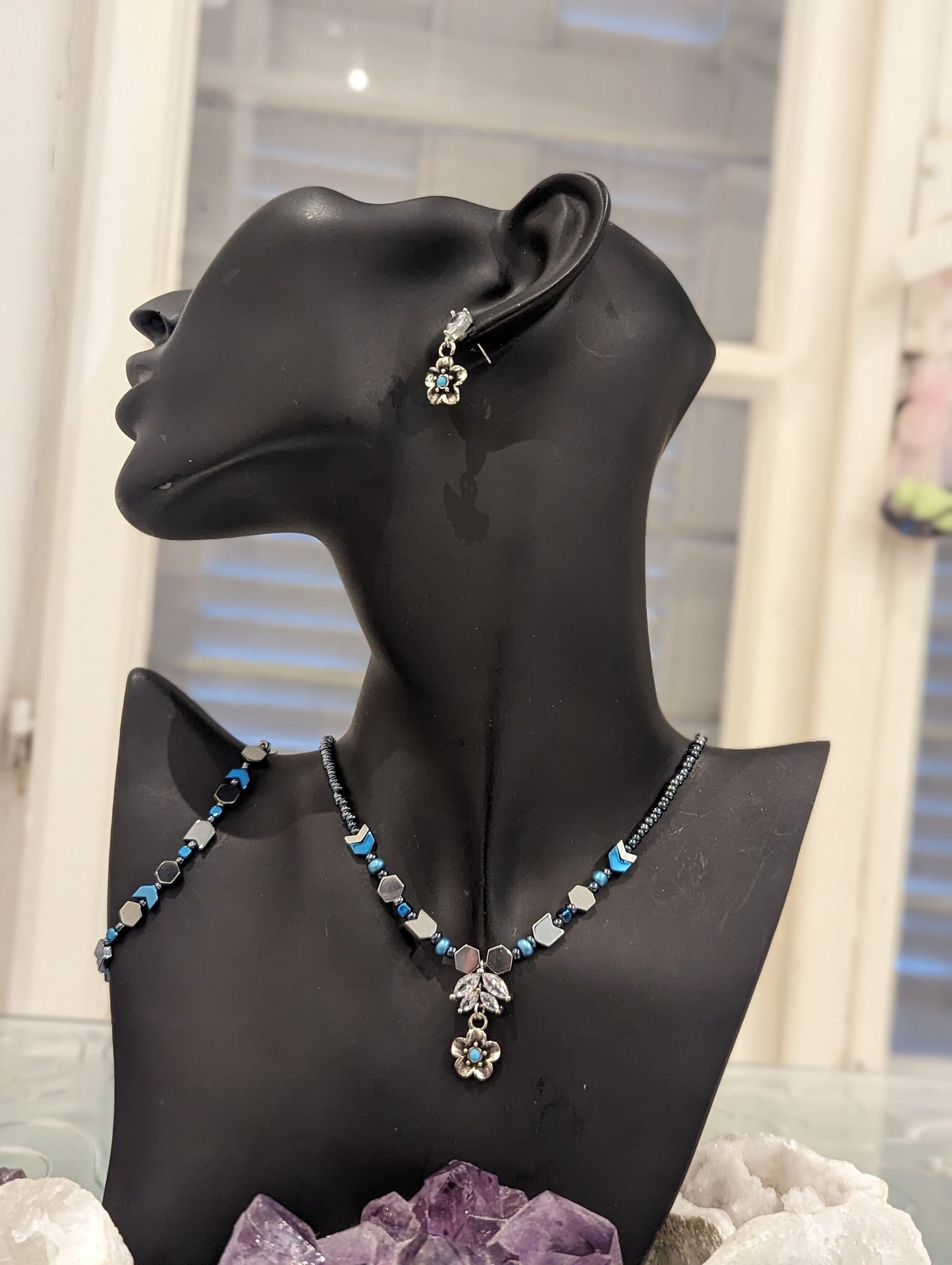 Zircon Set 15: Zircon Crystal Leaf Pendant with Silver Light Blue Flower Pendant and Earrings, Hematite Styled and Blue Arrows Bracelet