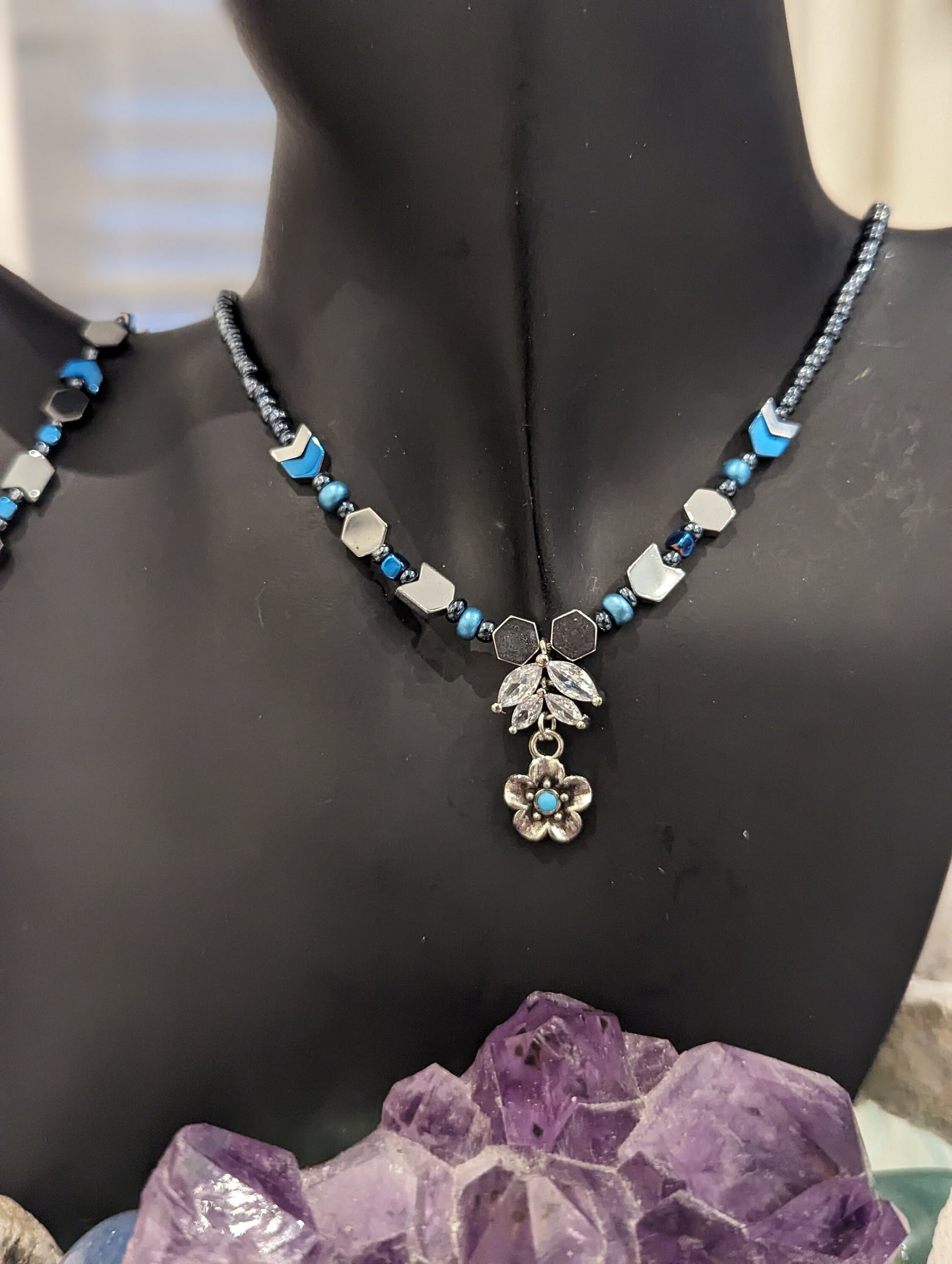 Zircon Set 15: Zircon Crystal Leaf Pendant with Silver Light Blue Flower Pendant and Earrings, Hematite Styled and Blue Arrows Bracelet