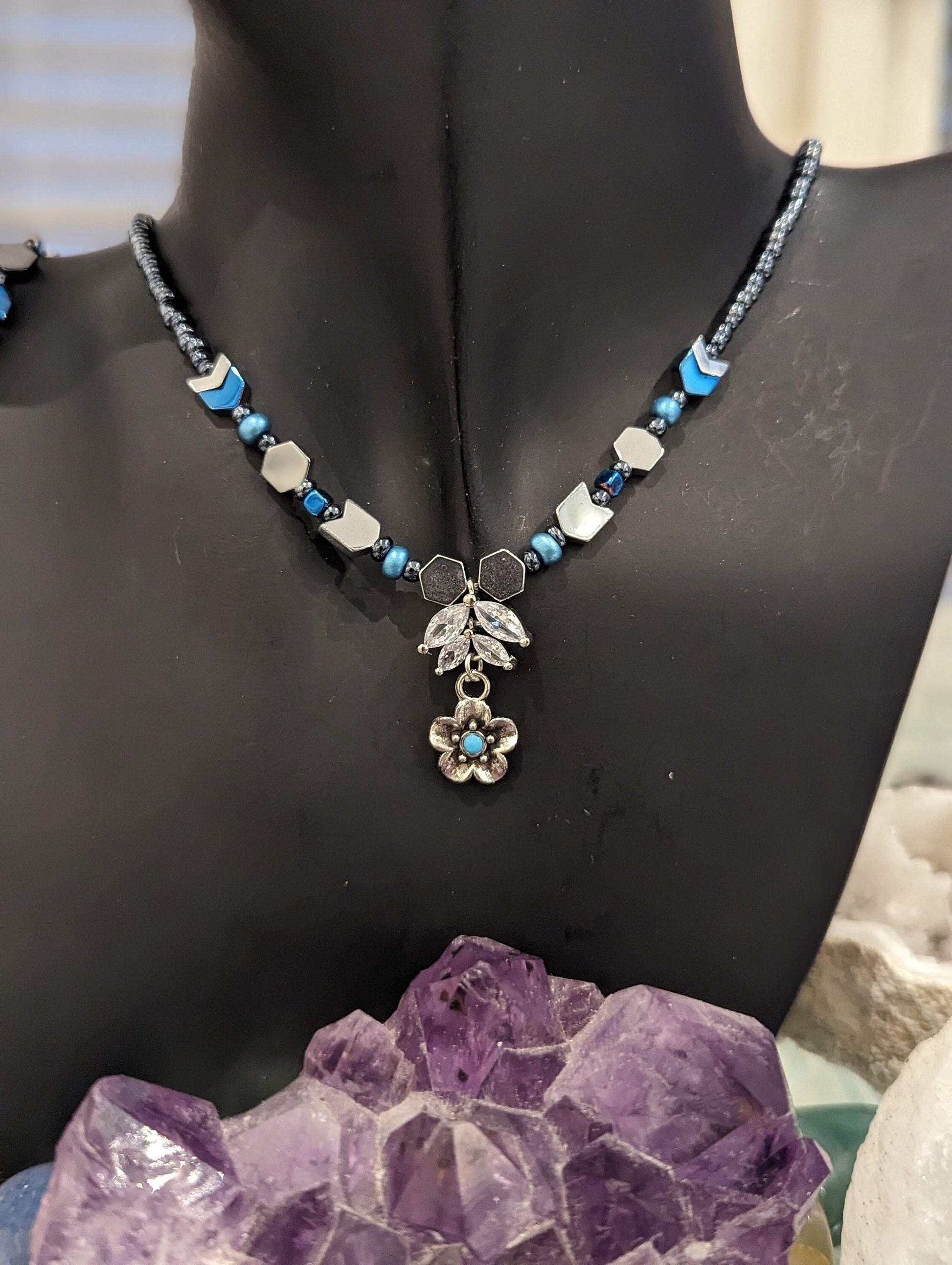 Zircon Set 15: Zircon Crystal Leaf Pendant with Silver Light Blue Flower Pendant and Earrings, Hematite Styled and Blue Arrows Bracelet