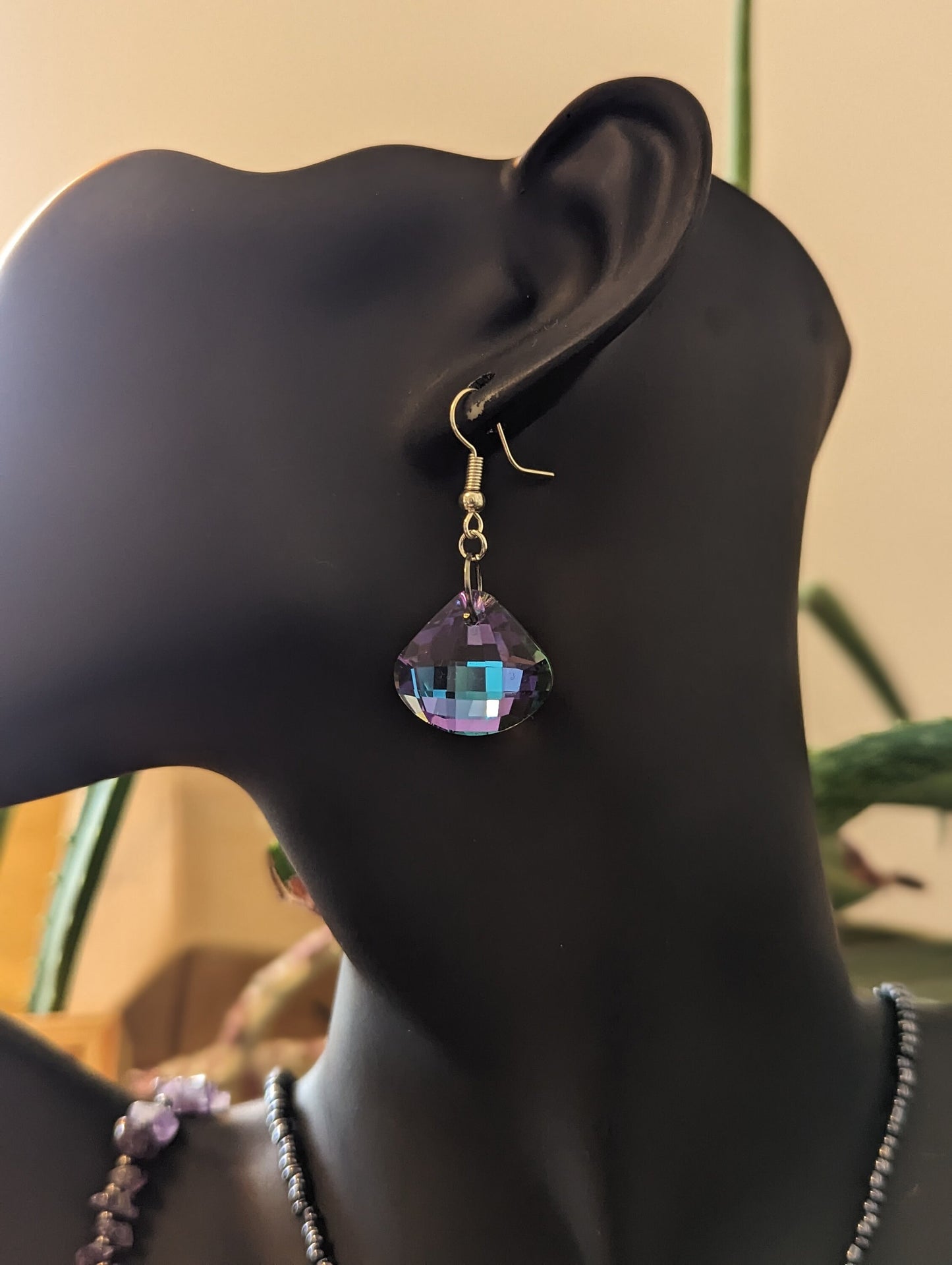 Happiness Composition: Lilac Rhombic Pendant, Amethyst Cubes, Lilac Butterfly and Lilac Pink Light Blue Pendants with Dark Blue Glass Beads