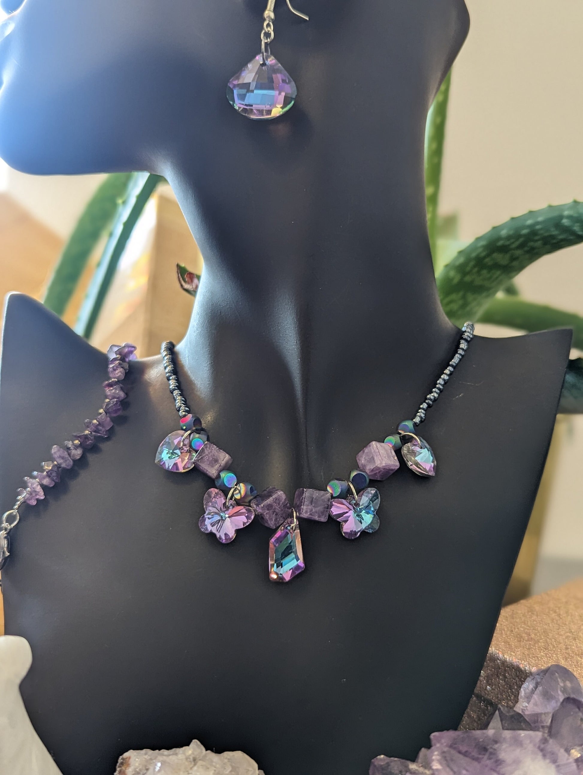 Happiness Composition: Lilac Rhombic Pendant, Amethyst Cubes, Lilac Butterfly and Lilac Pink Light Blue Pendants with Dark Blue Glass Beads