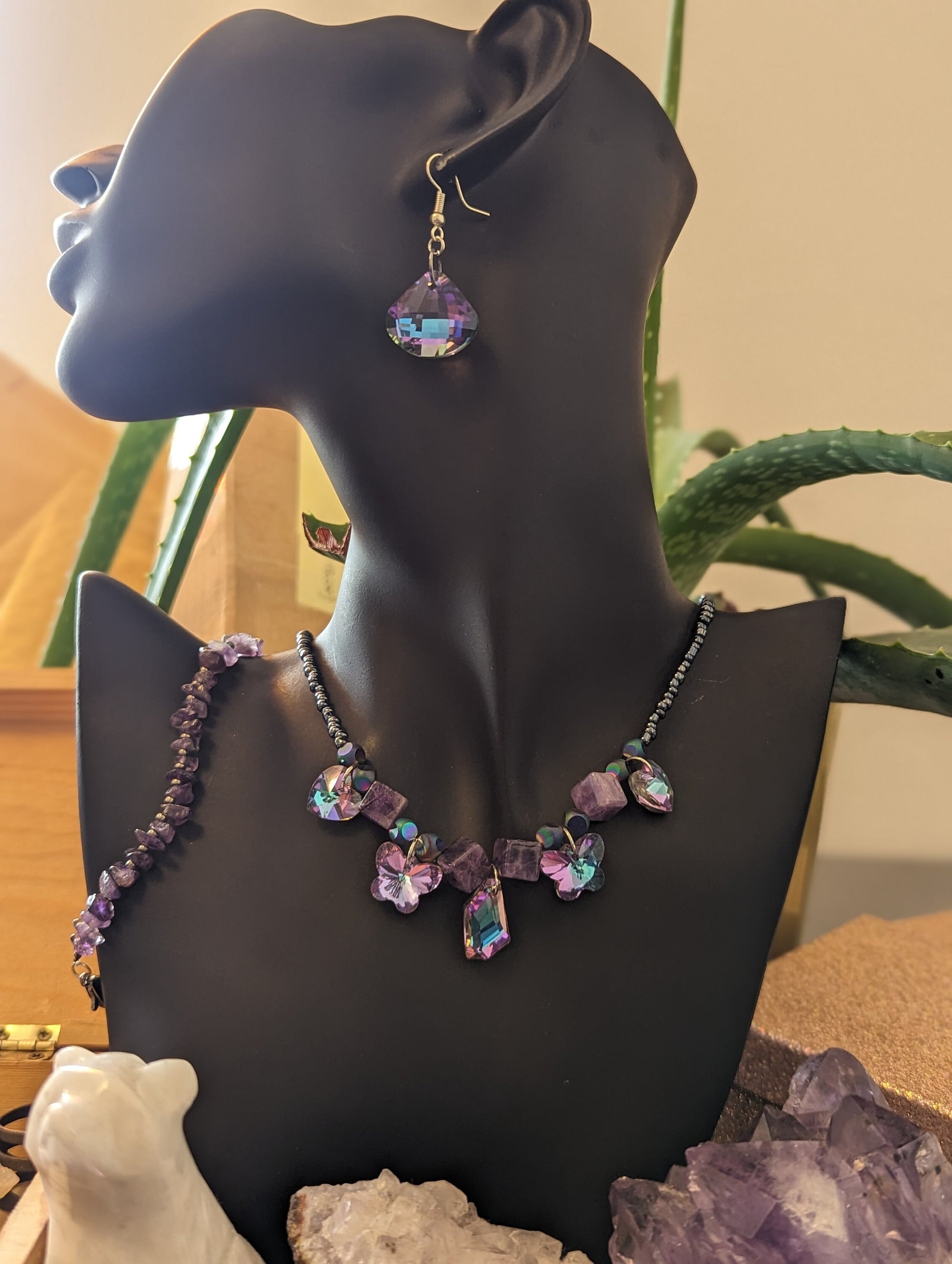 Happiness Composition: Lilac Rhombic Pendant, Amethyst Cubes, Lilac Butterfly and Lilac Pink Light Blue Pendants with Dark Blue Glass Beads