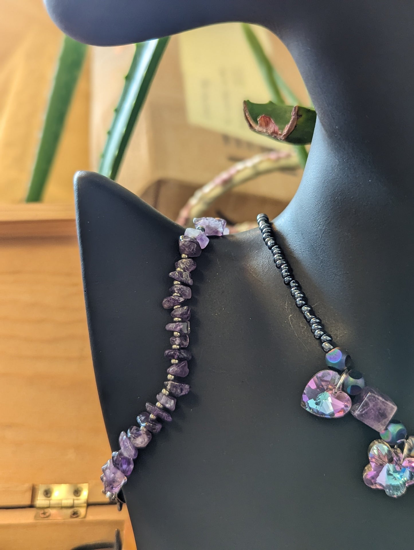 Happiness Composition: Lilac Rhombic Pendant, Amethyst Cubes, Lilac Butterfly and Lilac Pink Light Blue Pendants with Dark Blue Glass Beads