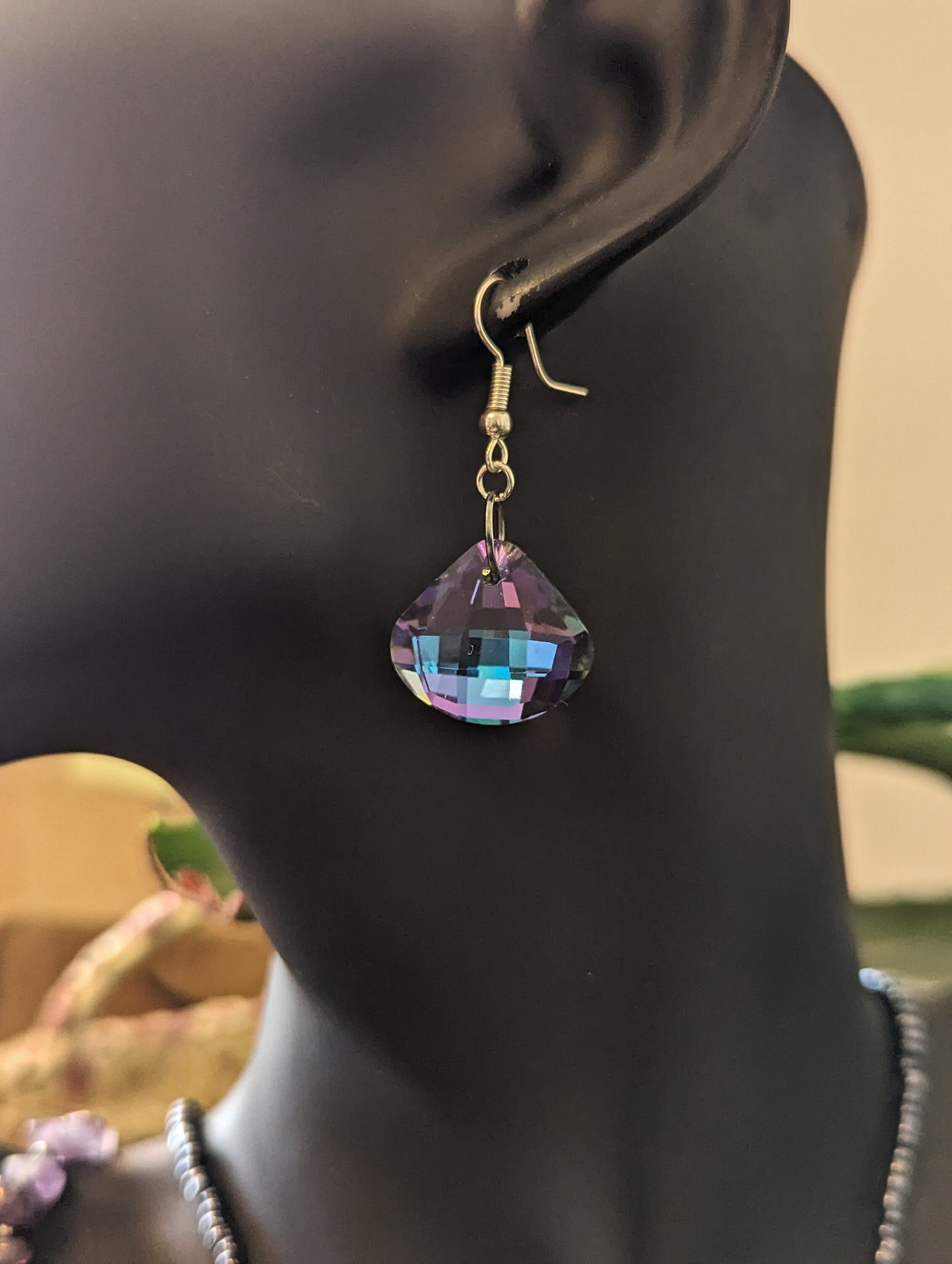 Happiness Composition: Lilac Rhombic Pendant, Amethyst Cubes, Lilac Butterfly and Lilac Pink Light Blue Pendants with Dark Blue Glass Beads