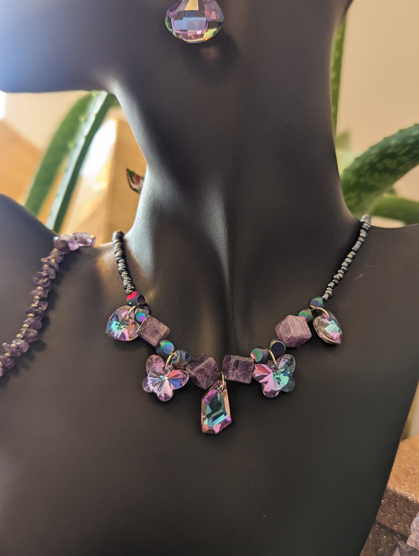 Happiness Composition: Lilac Rhombic Pendant, Amethyst Cubes, Lilac Butterfly and Lilac Pink Light Blue Pendants with Dark Blue Glass Beads