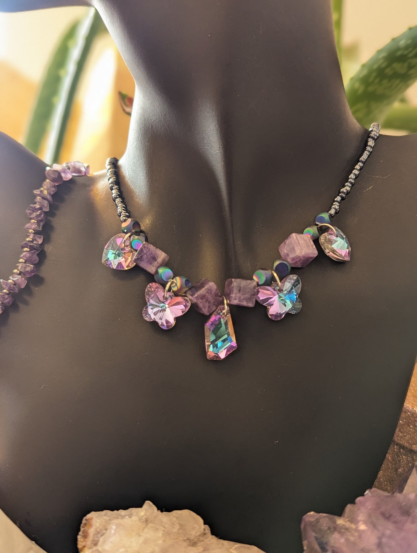 Happiness Composition: Lilac Rhombic Pendant, Amethyst Cubes, Lilac Butterfly and Lilac Pink Light Blue Pendants with Dark Blue Glass Beads