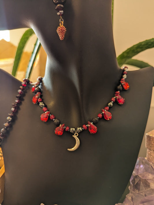 Silver Moon Pendant and 8 Red Glass Drop Pendants, Glass Beads and Hematite Styled Beads