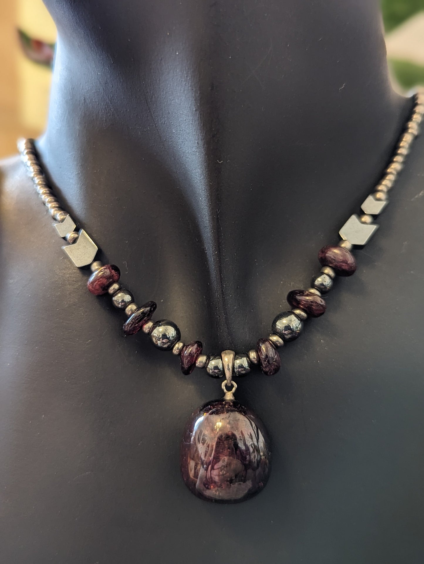 Silver Garnet Set: Garnet Pendant, Garnet beaded Bracelet and Necklace with Silver Glass beads and Earrings with Garnet and Rose Quartz