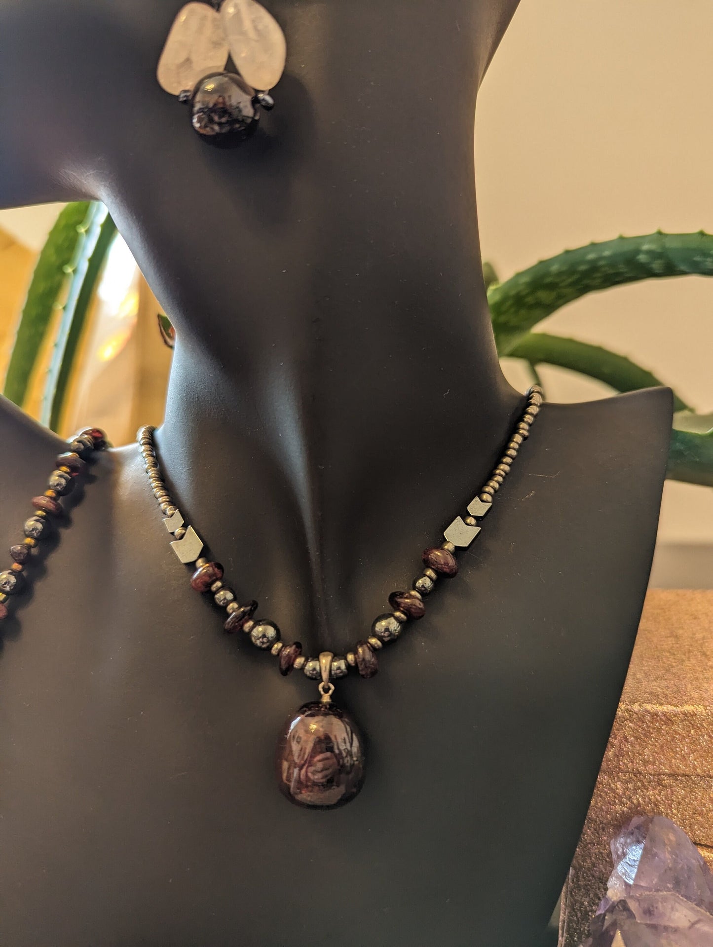 Silver Garnet Set: Garnet Pendant, Garnet beaded Bracelet and Necklace with Silver Glass beads and Earrings with Garnet and Rose Quartz