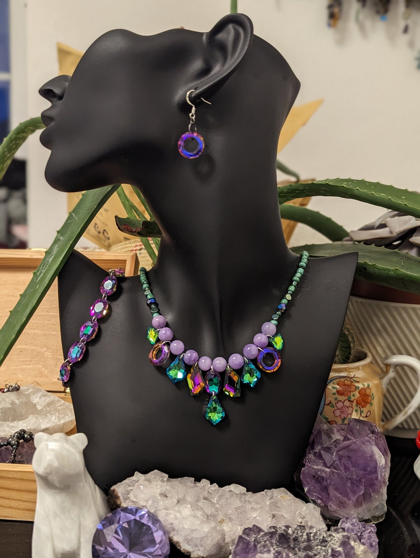 Violets Garden Set: Purple Green Angelite Beaded Necklace with Stunning glass Pendants, Glass Purple Bracelet and Round Glass Earrings