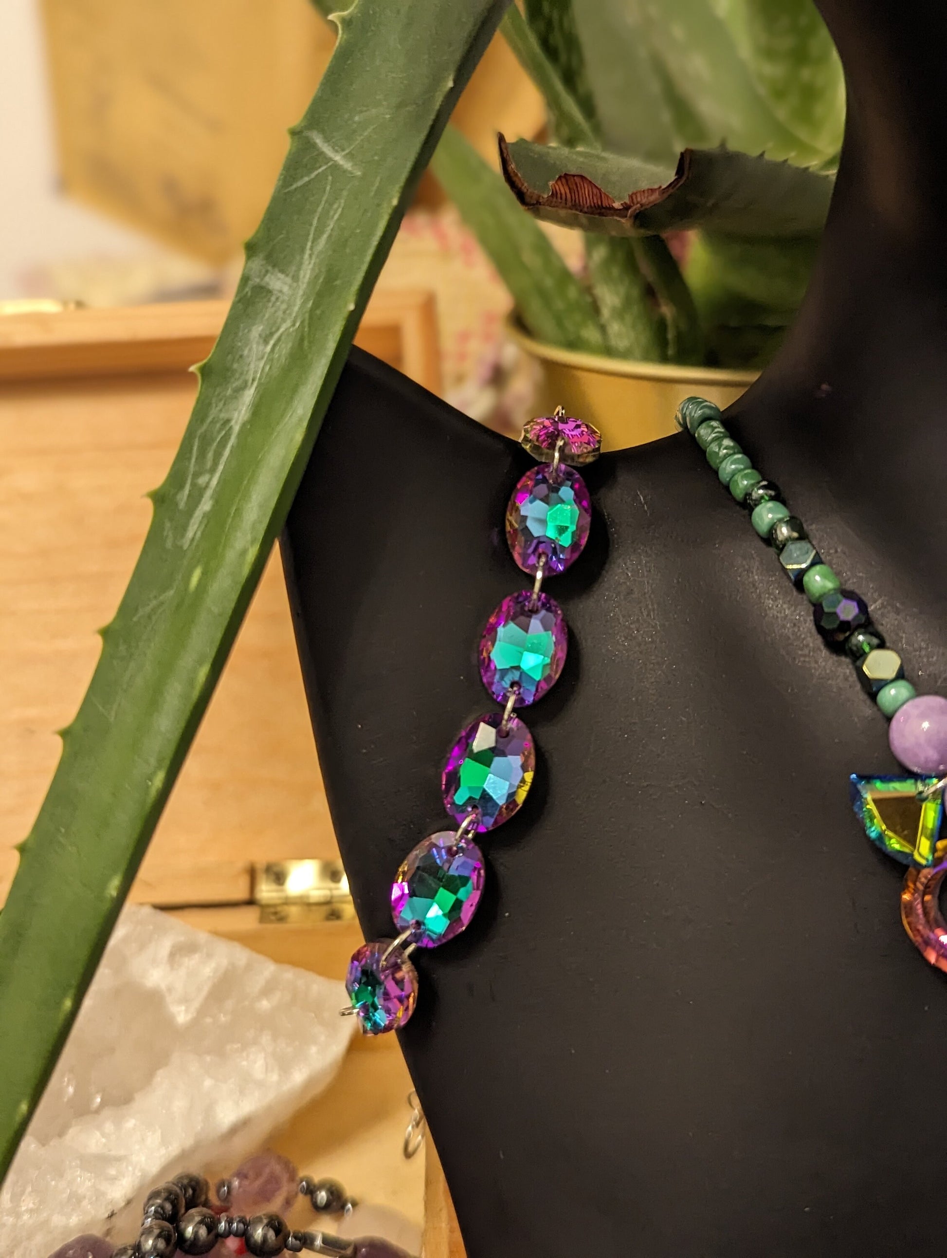 Violets Garden Set: Purple Green Angelite Beaded Necklace with Stunning glass Pendants, Glass Purple Bracelet and Round Glass Earrings