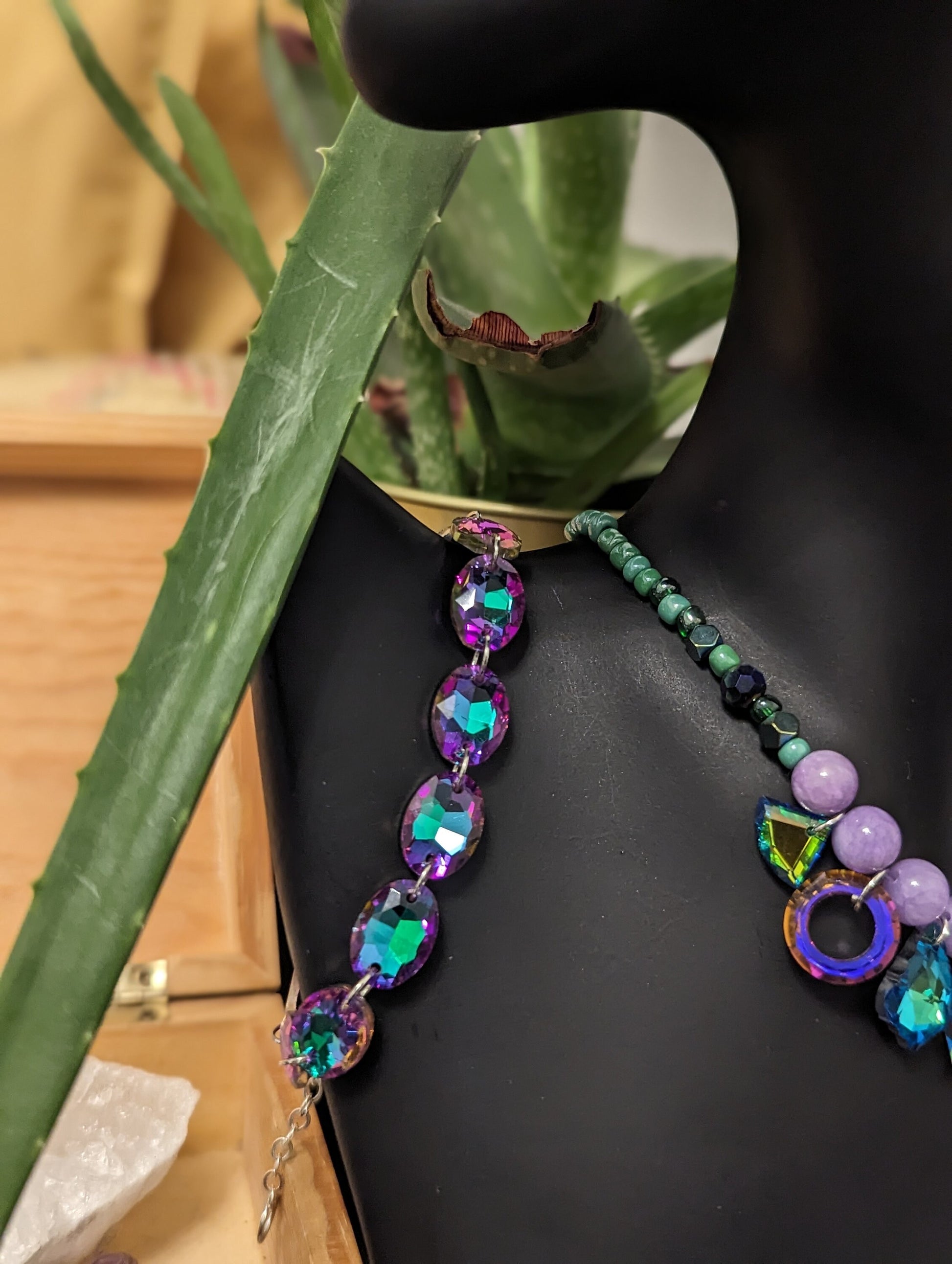 Violets Garden Set: Purple Green Angelite Beaded Necklace with Stunning glass Pendants, Glass Purple Bracelet and Round Glass Earrings