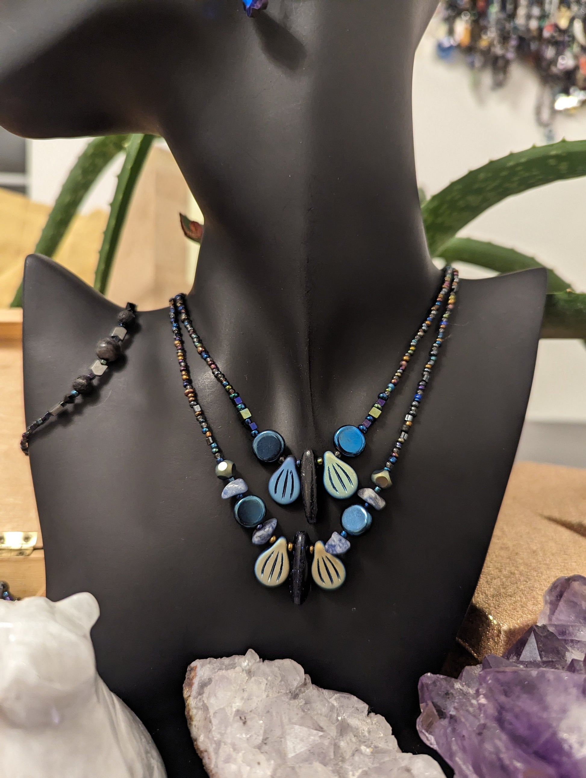 Blue Shell Butterflies Layered Set with Beaded Necklaces with Blue Gemstones, Shell Shaped Pendants, Blue Butterfly Earrings, Black Bracelet