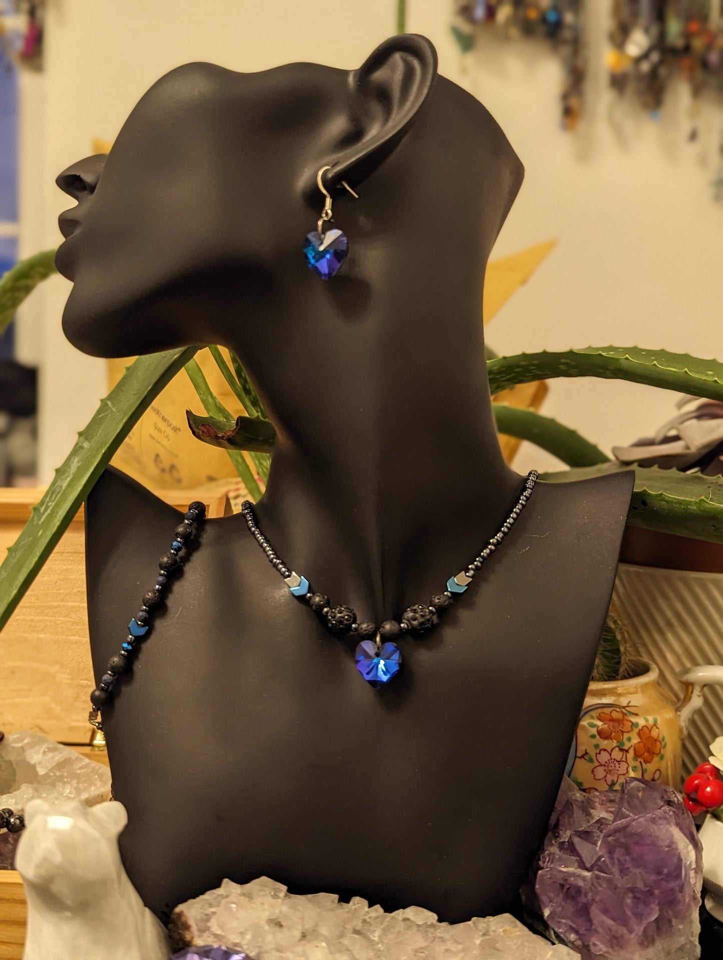 Blue Heart Stunning Pendant, Shimmering bLack Beads, Blue and Grey Hematite Styled Arrow Beads, Blue Heart Earrings and Blue Black Bracelet