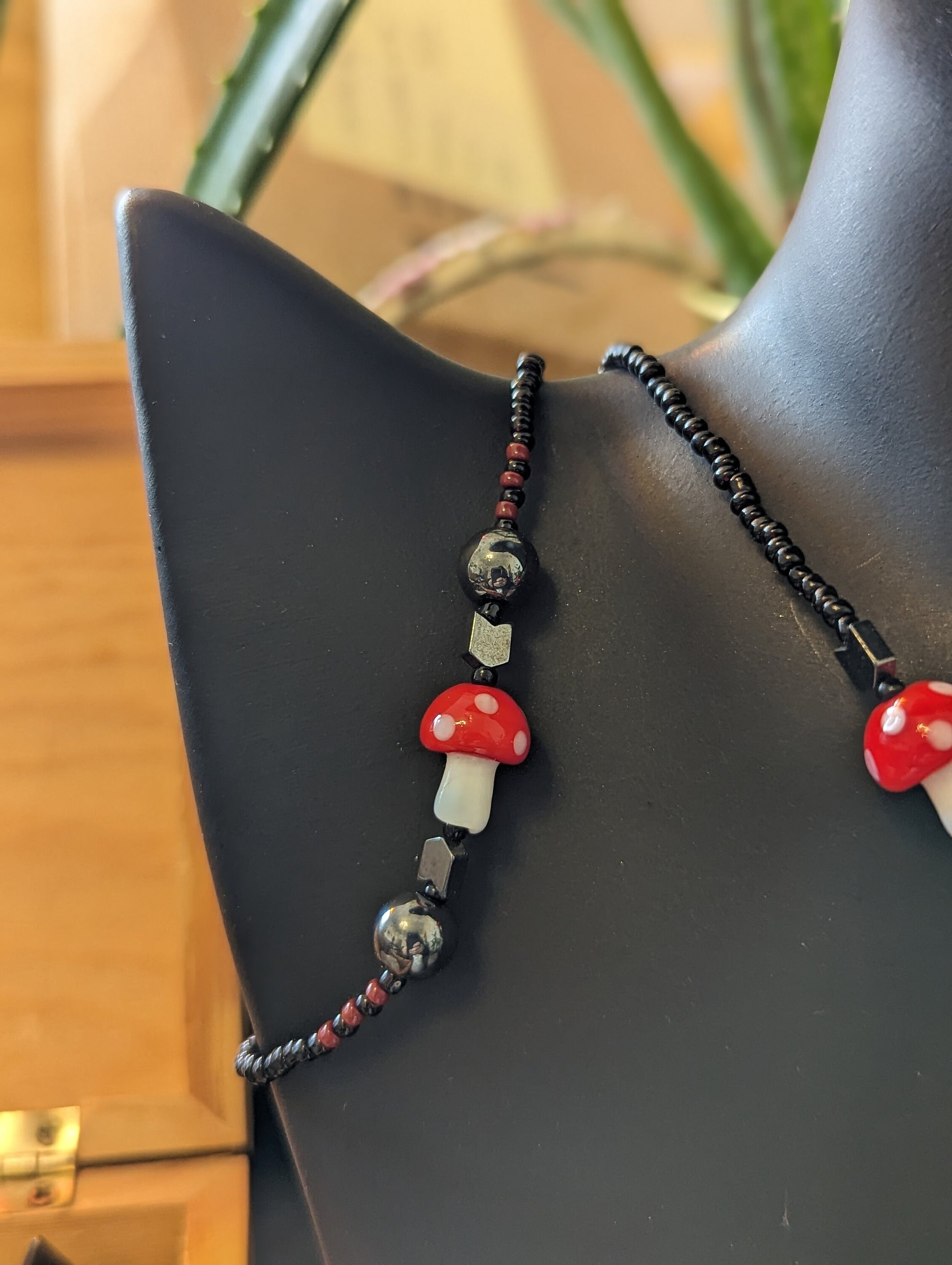 Set: Rainbow and Red Mushroom Set with 3 Rainbow Pendants and 5 Red White Mushroom Glass Beads, Hematite Styled Beads, Black Red Glass Beads