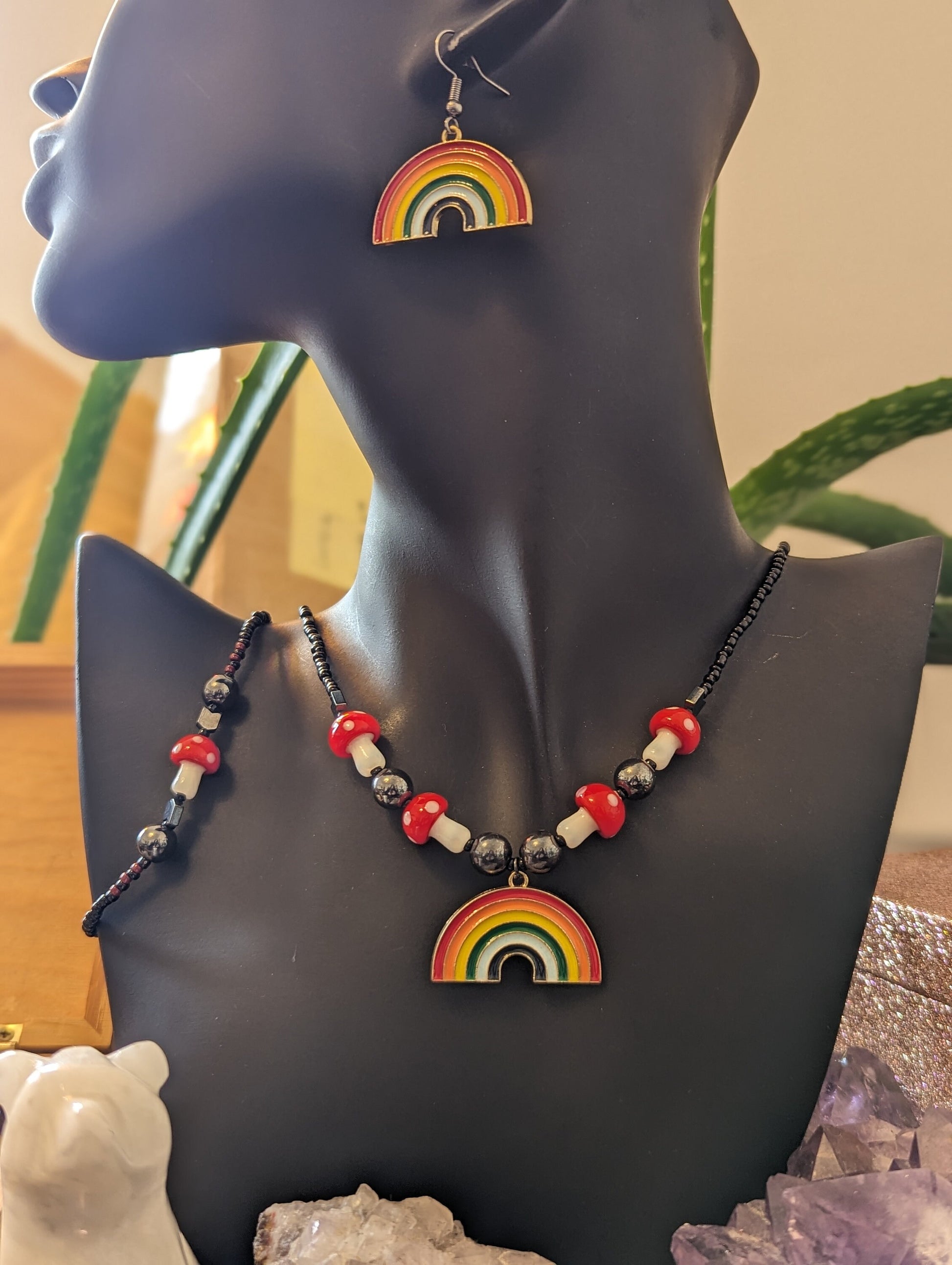 Set: Rainbow and Red Mushroom Set with 3 Rainbow Pendants and 5 Red White Mushroom Glass Beads, Hematite Styled Beads, Black Red Glass Beads