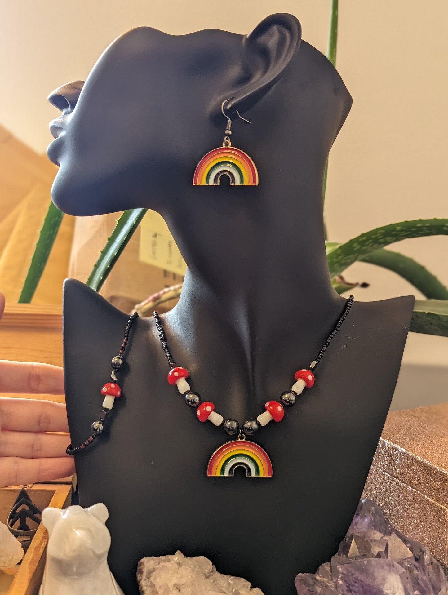 Set: Rainbow and Red Mushroom Set with 3 Rainbow Pendants and 5 Red White Mushroom Glass Beads, Hematite Styled Beads, Black Red Glass Beads