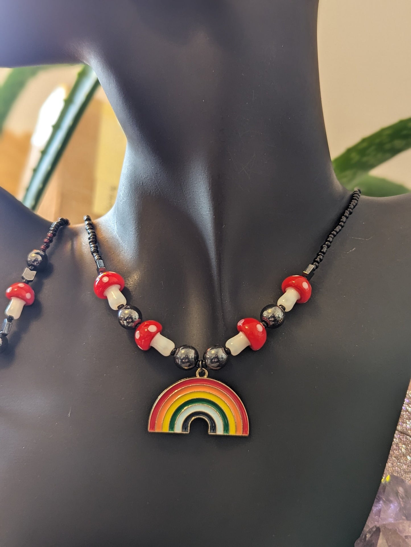 Set: Rainbow and Red Mushroom Set with 3 Rainbow Pendants and 5 Red White Mushroom Glass Beads, Hematite Styled Beads, Black Red Glass Beads