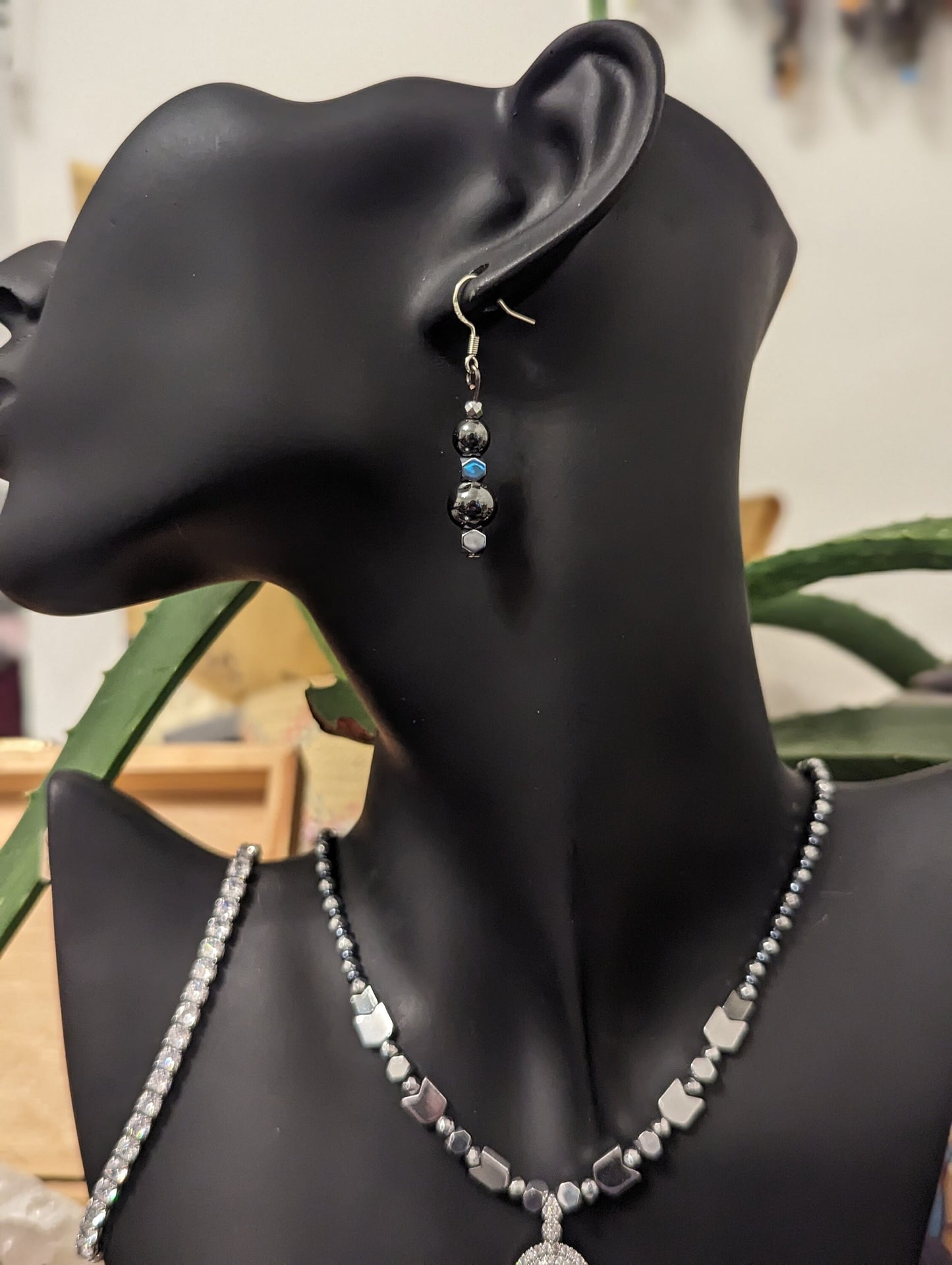 Zircon Set 2: Shimmering Zircon Pendant, Silver Arrows Beads, Zircon Squares Chain Bracelet and Drop Hematite Styled and Silver Earrings