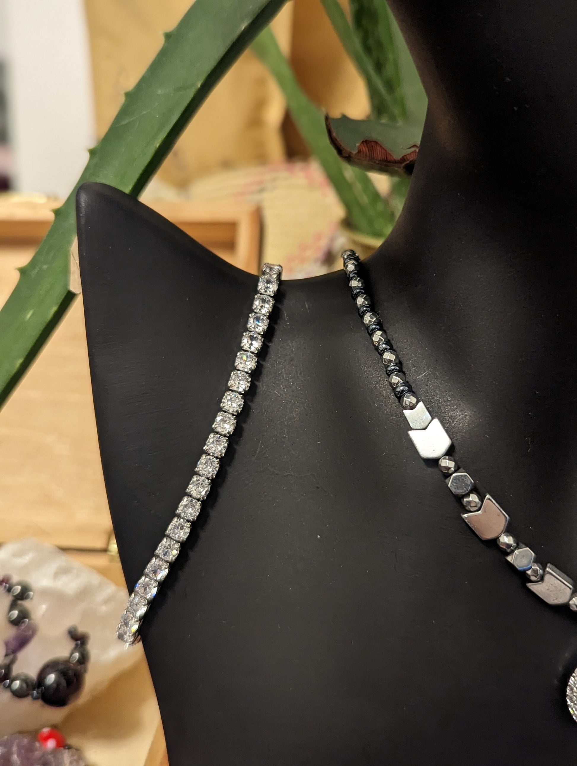 Zircon Set 2: Shimmering Zircon Pendant, Silver Arrows Beads, Zircon Squares Chain Bracelet and Drop Hematite Styled and Silver Earrings