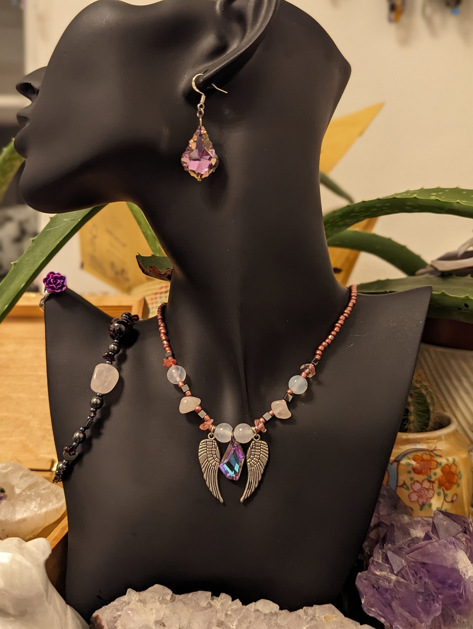 Pink Dreams Set: Pink Beaded Necklace with Silver Wing Pendants and Lilac Rhombic Pendant, Quartz, Garnet, Rose Quartz, Pink Fimo and Glass