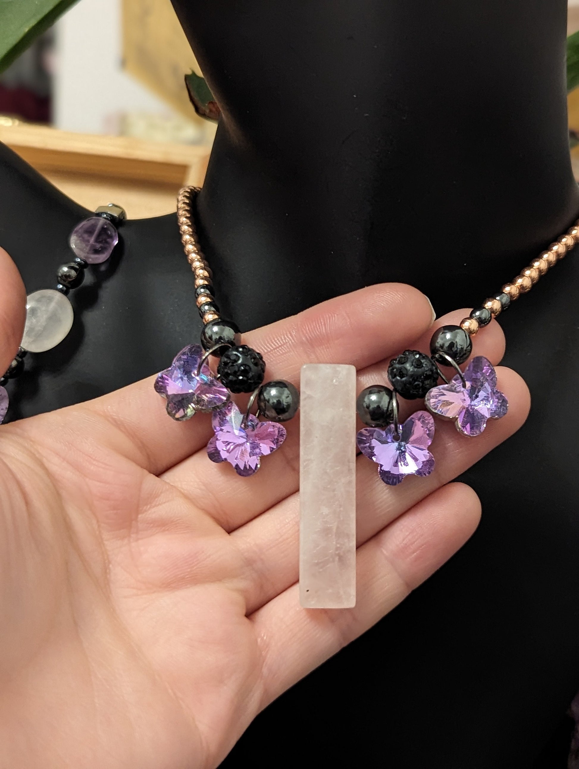 Pink Shimmer: Rose Quartz Pendants and 4 Pink Shimmering Butterfly Pendants, Hematite Styled and Rose Golden Necklace, Amethyst Bracelet