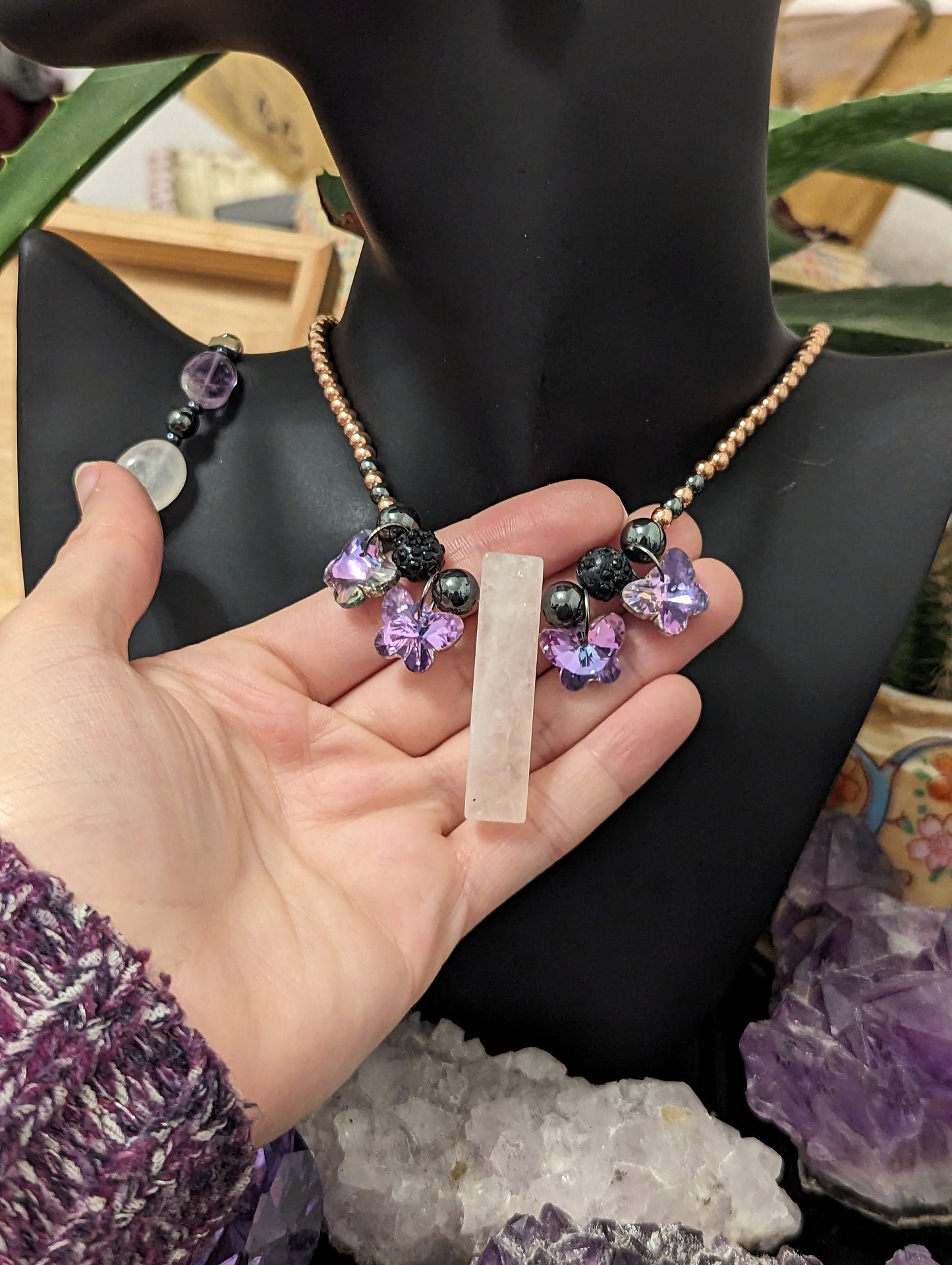 Pink Shimmer: Rose Quartz Pendants and 4 Pink Shimmering Butterfly Pendants, Hematite Styled and Rose Golden Necklace, Amethyst Bracelet