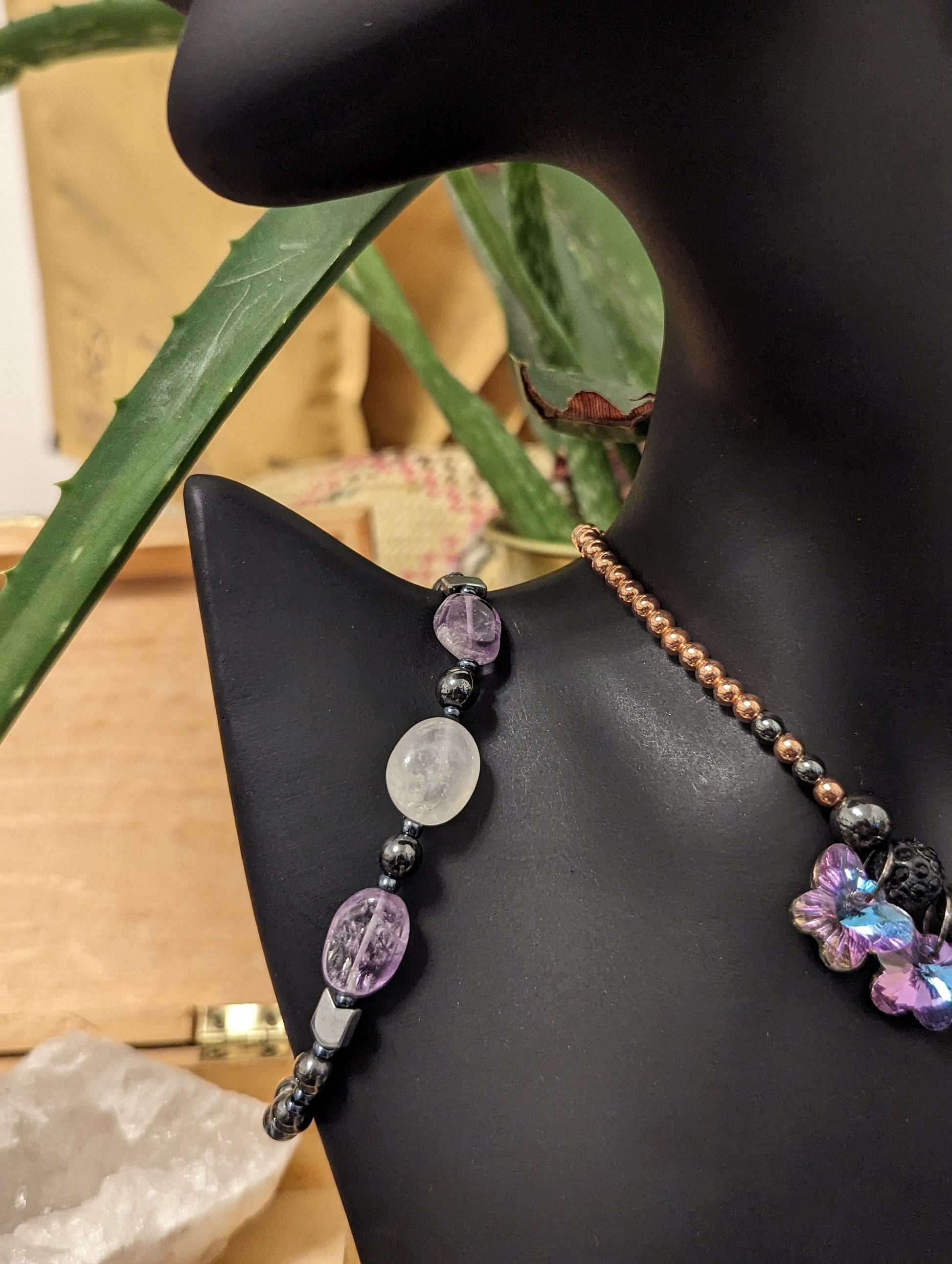 Pink Shimmer: Rose Quartz Pendants and 4 Pink Shimmering Butterfly Pendants, Hematite Styled and Rose Golden Necklace, Amethyst Bracelet