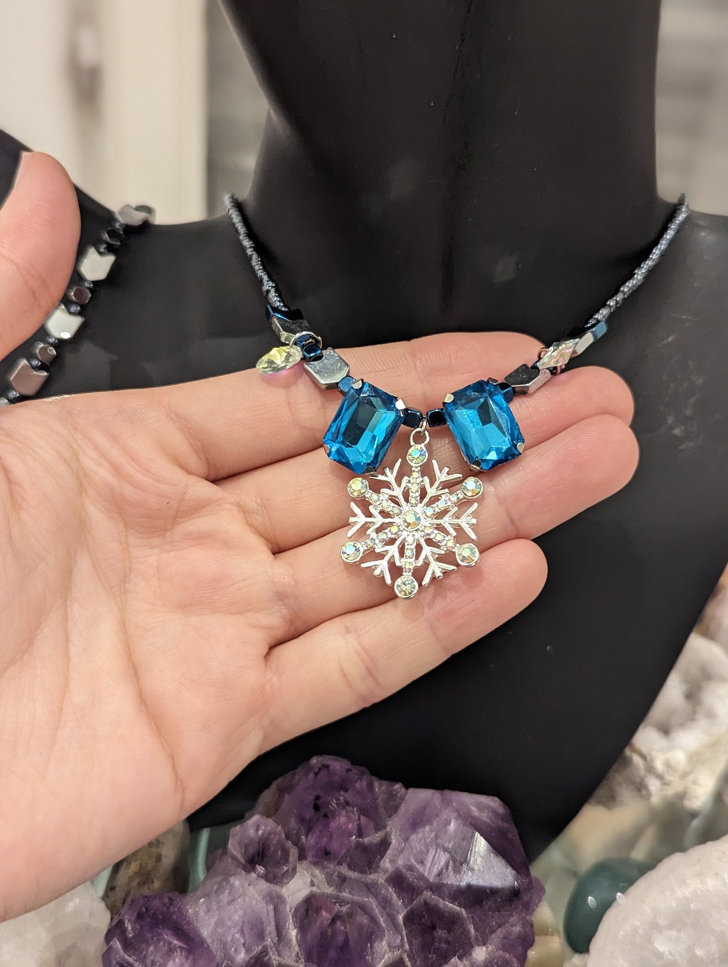 Snowflake Set: Silver Snow Flake pendant, Light Blue Rectangular Gems, Silver Arrows and Glass Beads, Zircon Round Earrings, Arrows Bracelet