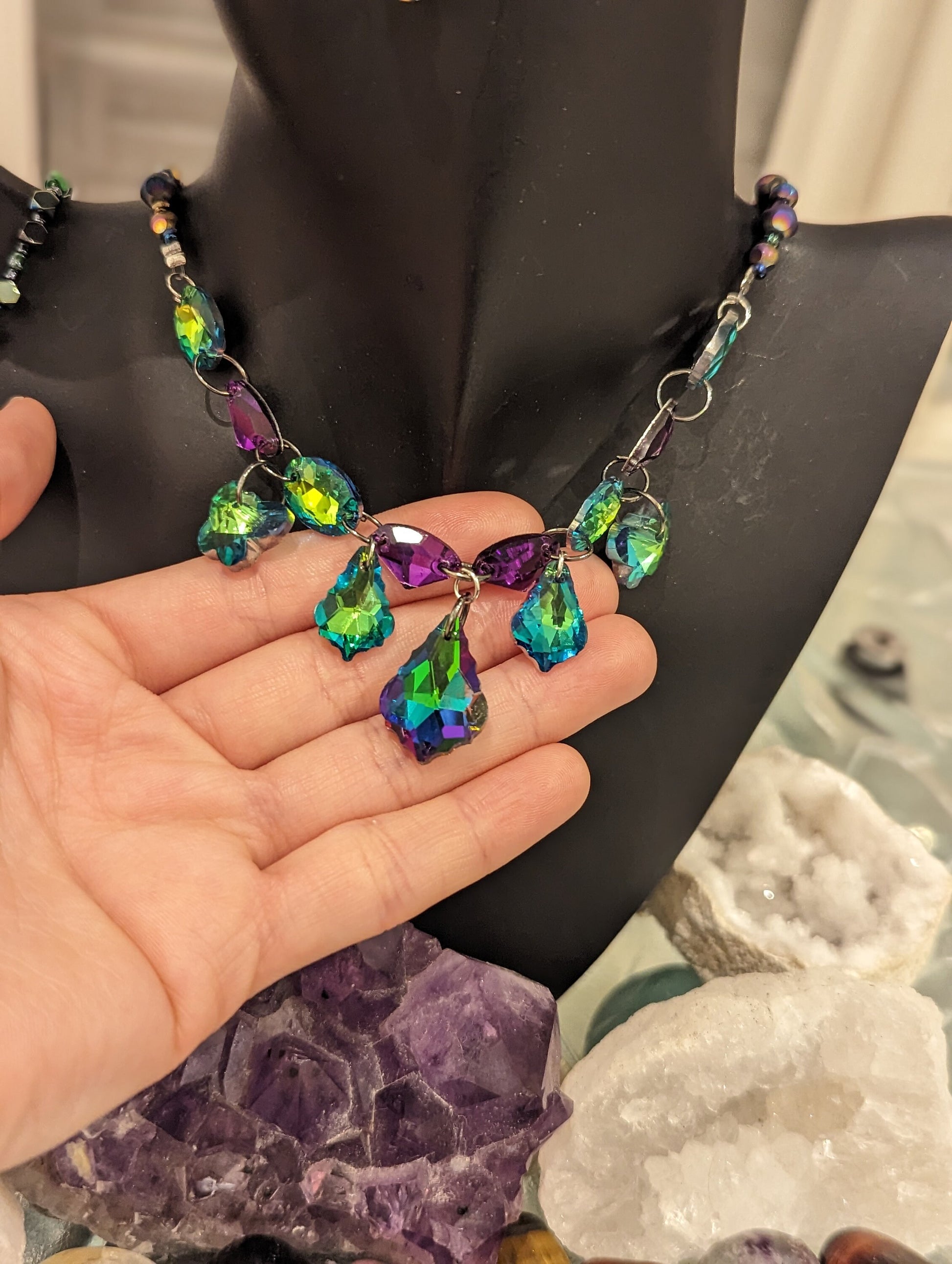 Fairy Set: Green Purple Glass Baroque Pendant, Green Butterfly Pendants, Green Baroque Pendants and Glass Connector Beads, Flower Earrings