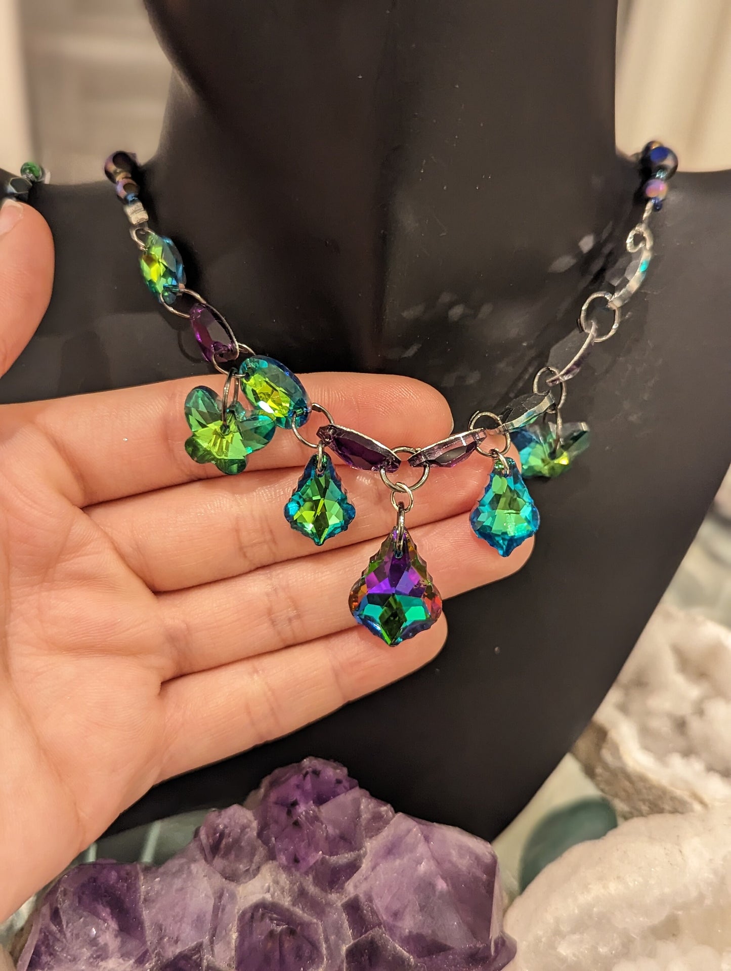 Fairy Set: Green Purple Glass Baroque Pendant, Green Butterfly Pendants, Green Baroque Pendants and Glass Connector Beads, Flower Earrings