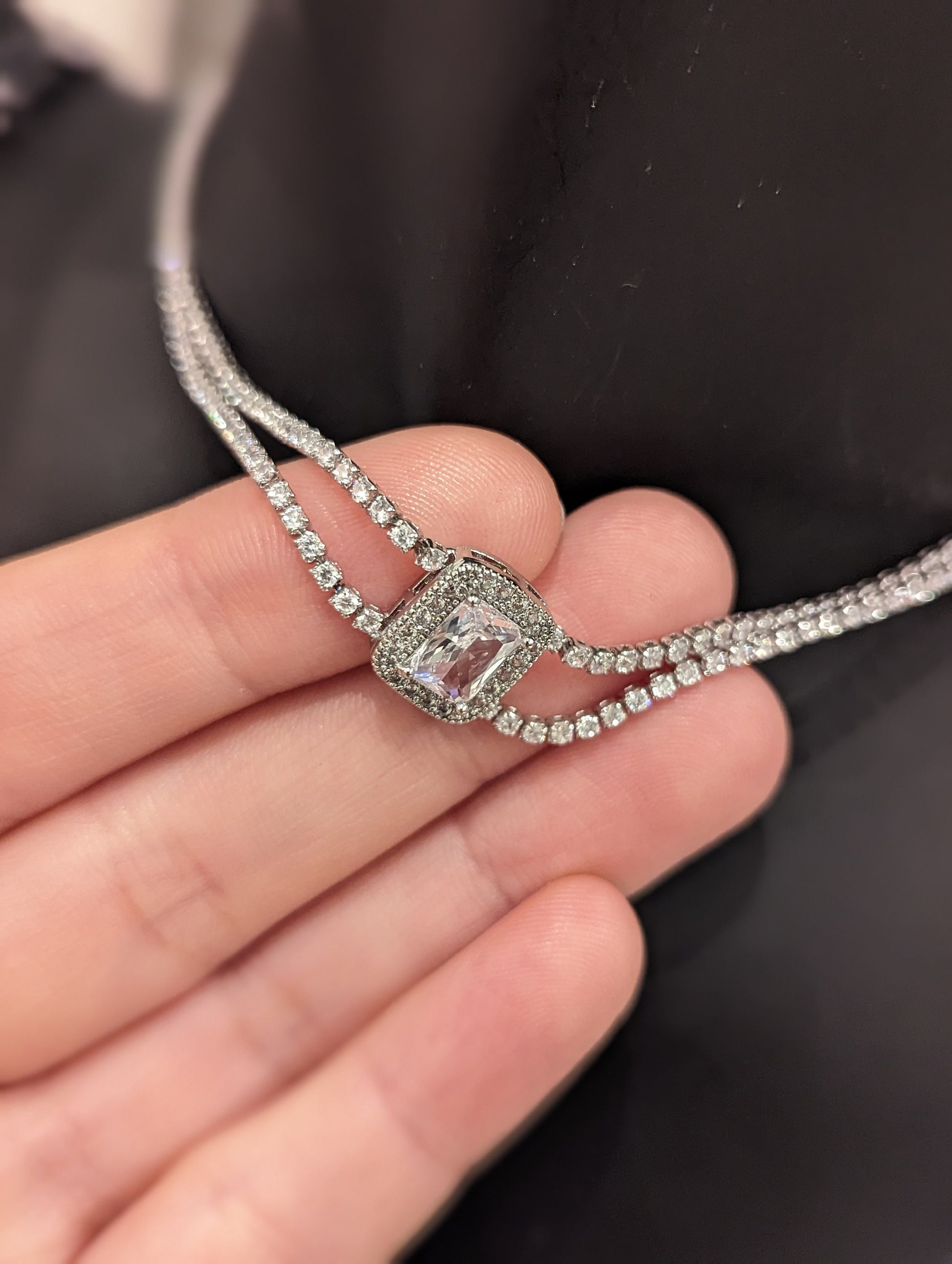 Zircon Set 4: Rectangular Zircon Choker Adjustable Necklace, Bracelet with Silver Arrow Beads and Zircon Drop Layered Strings