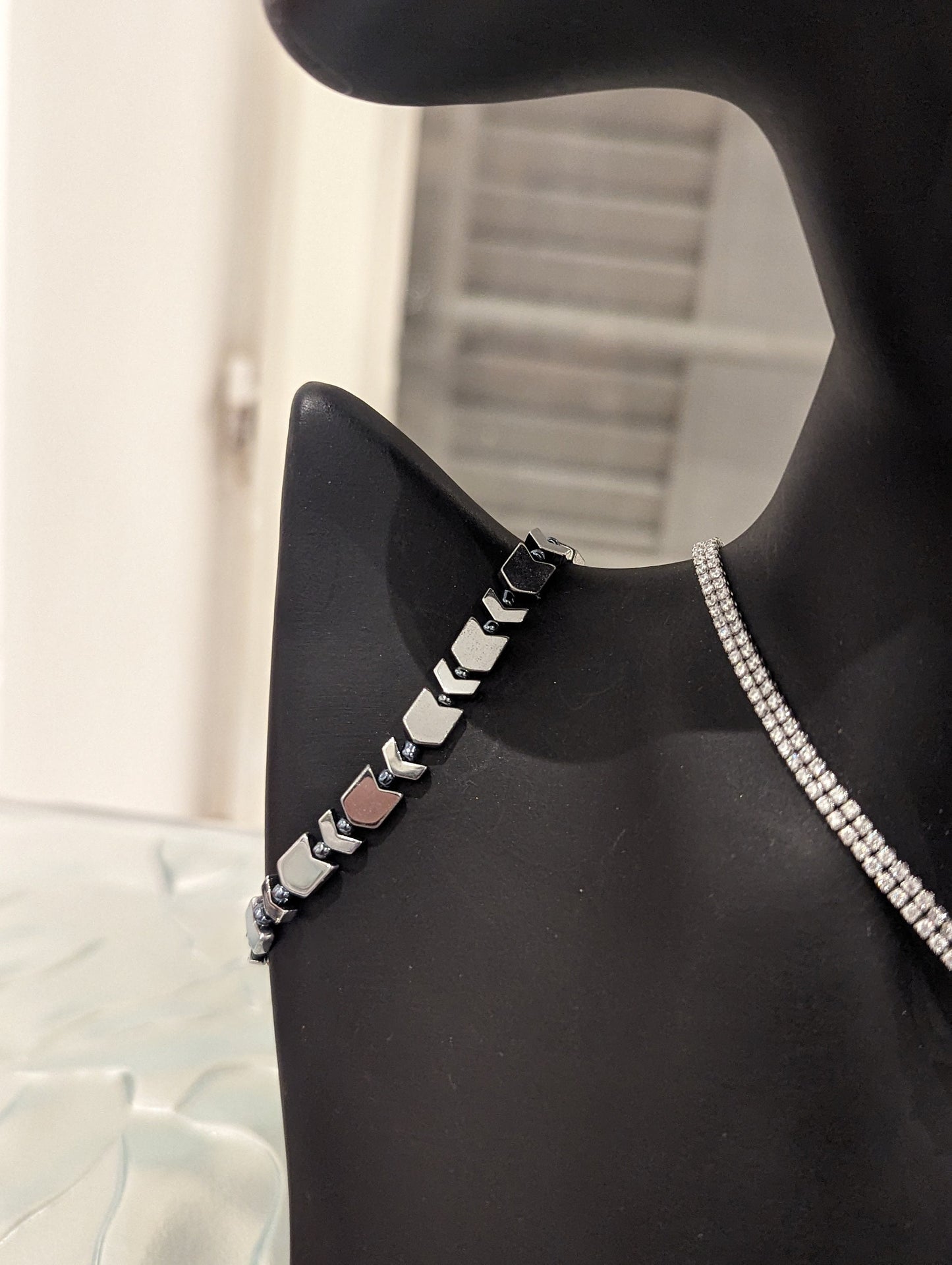 Zircon Set 4: Rectangular Zircon Choker Adjustable Necklace, Bracelet with Silver Arrow Beads and Zircon Drop Layered Strings