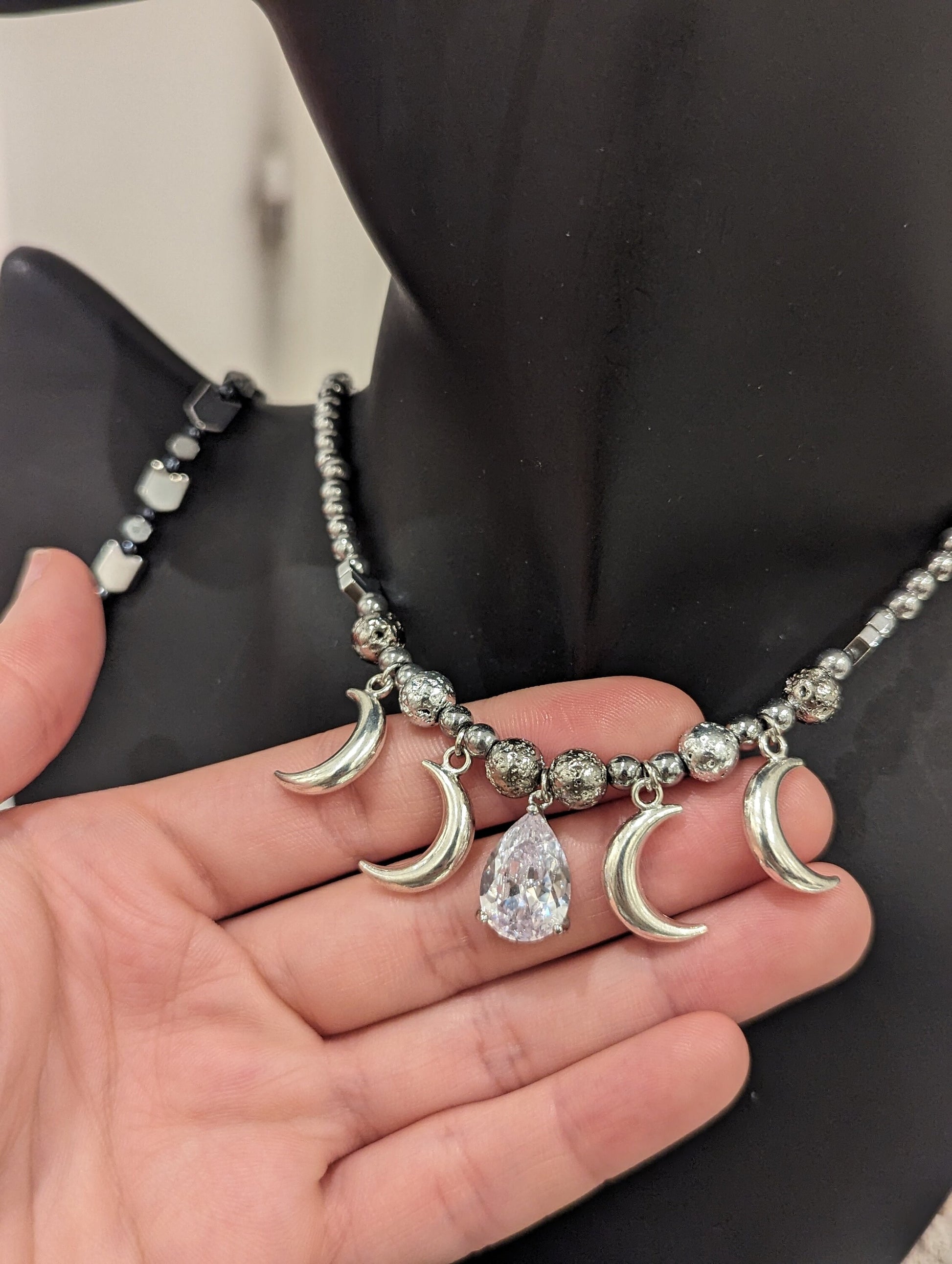 Zircon Drop and Silver Moons, Silver Beaded Necklace