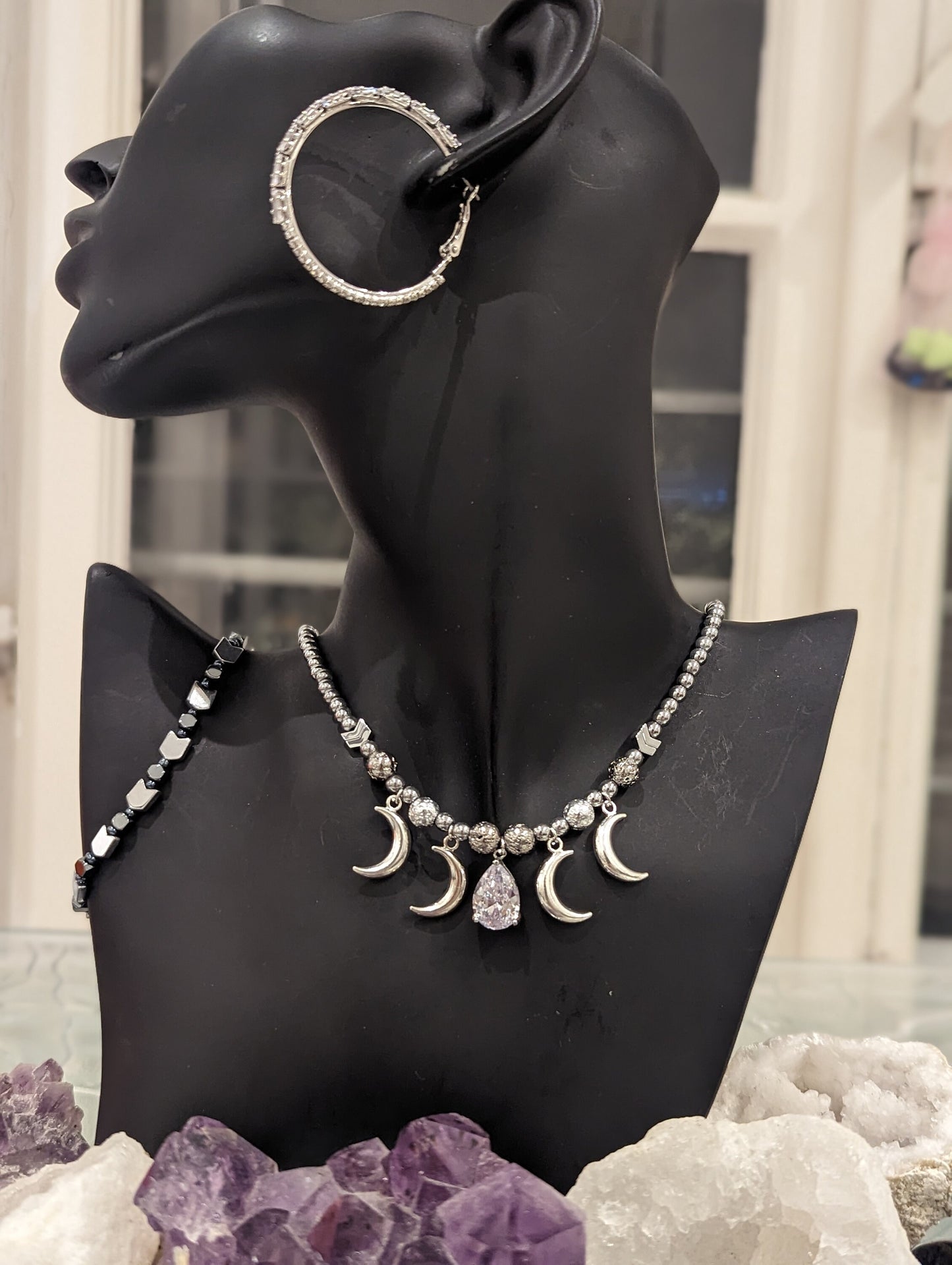 Zircon Drop and Silver Moons, Silver Beaded Necklace