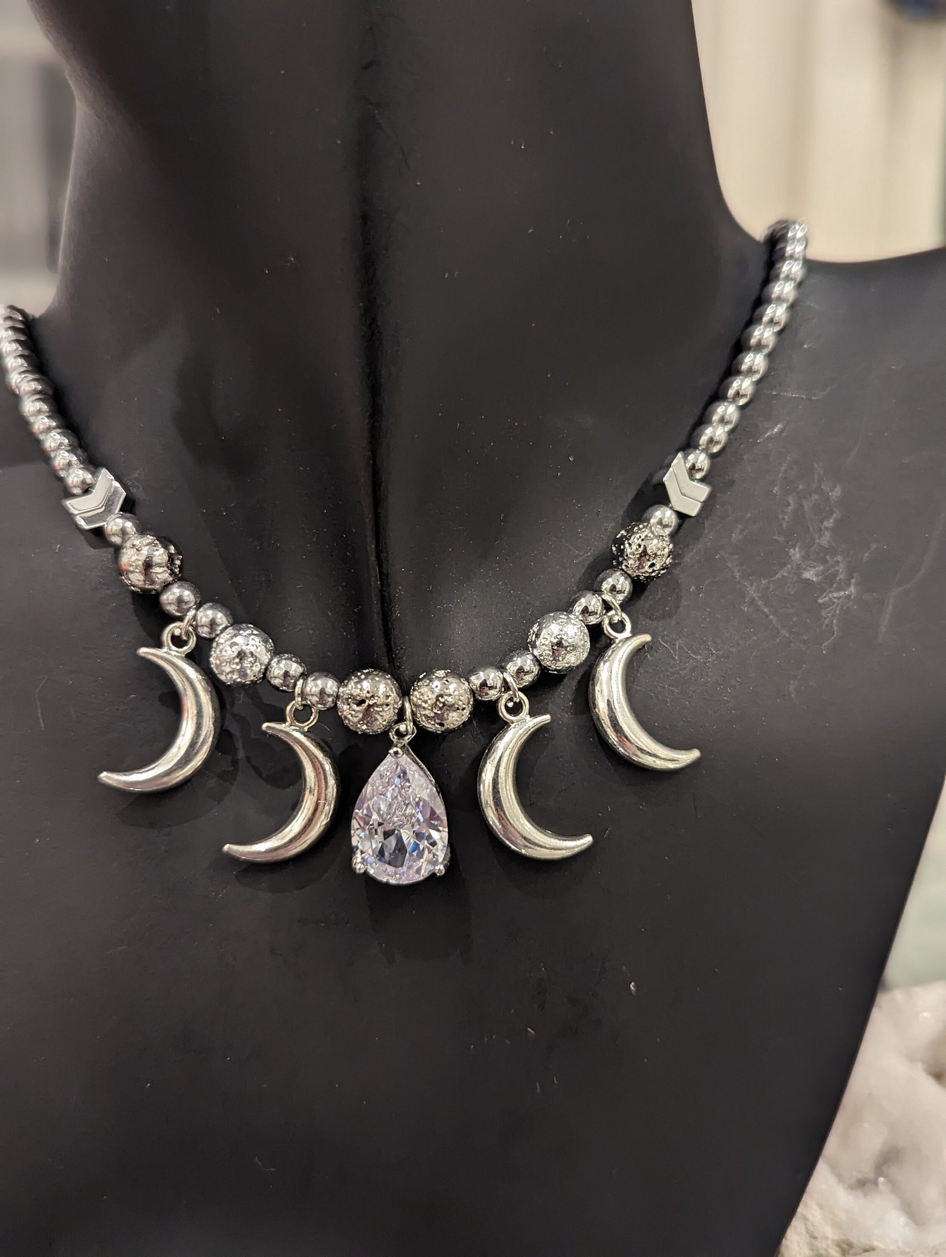 Zircon Drop and Silver Moons, Silver Beaded Necklace