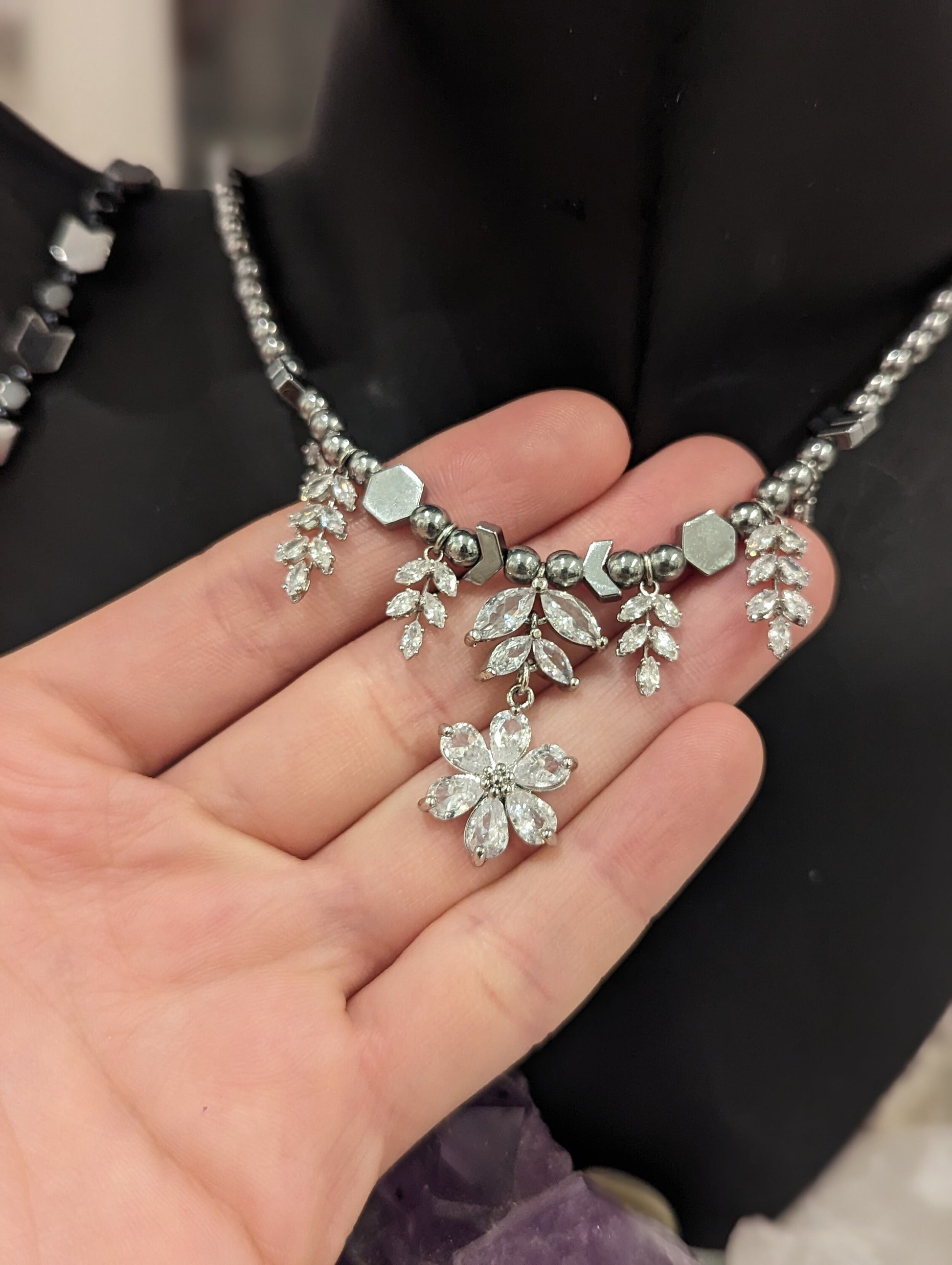 Zircon Set 13: Silver Beaded Necklace with Zircon Flower and Branches Pendants, Silver Arrows Beaded Bracelet and Zircon Flower Earrings