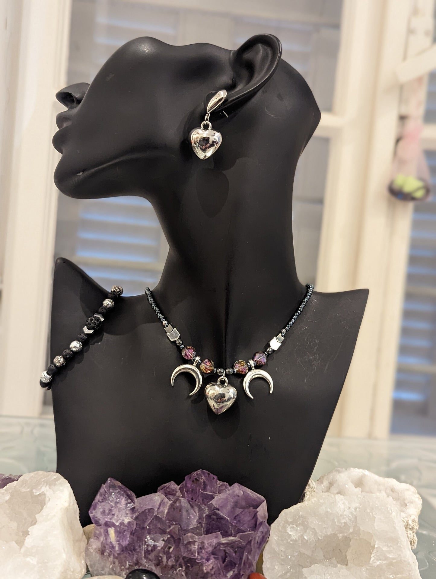 Silver Heart and Moons Beaded Set with Purple Glass Beads, Arrow Beads and Beaded Bracelet with Shimmering Black and Silver Beads