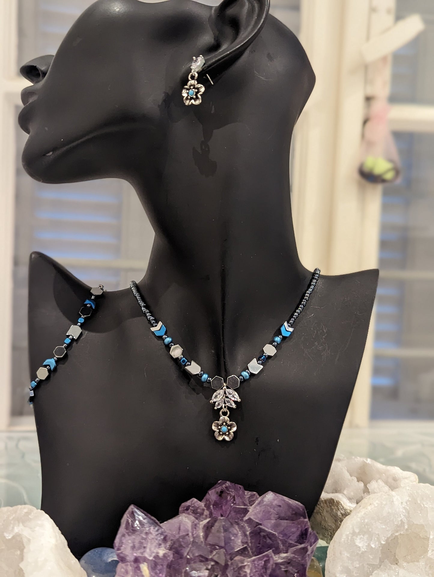 Zircon Set 15: Zircon Crystal Leaf Pendant with Silver Light Blue Flower Pendant and Earrings, Hematite Styled and Blue Arrows Bracelet