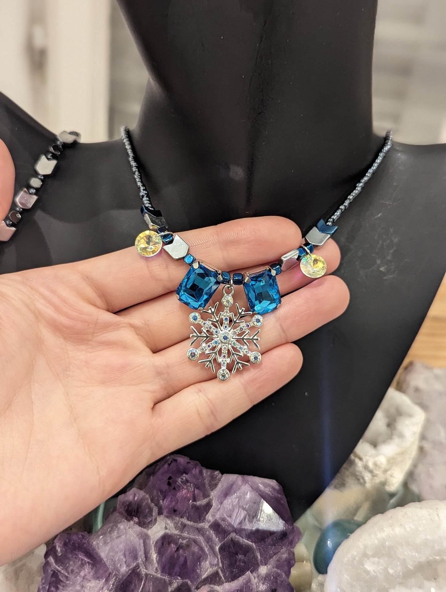 Snowflake Set: Silver Snow Flake pendant, Light Blue Rectangular Gems, Silver Arrows and Glass Beads, Zircon Round Earrings, Arrows Bracelet