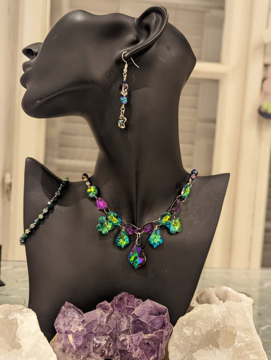 Fairy Set: Green Purple Glass Baroque Pendant, Green Butterfly Pendants, Green Baroque Pendants and Glass Connector Beads, Flower Earrings