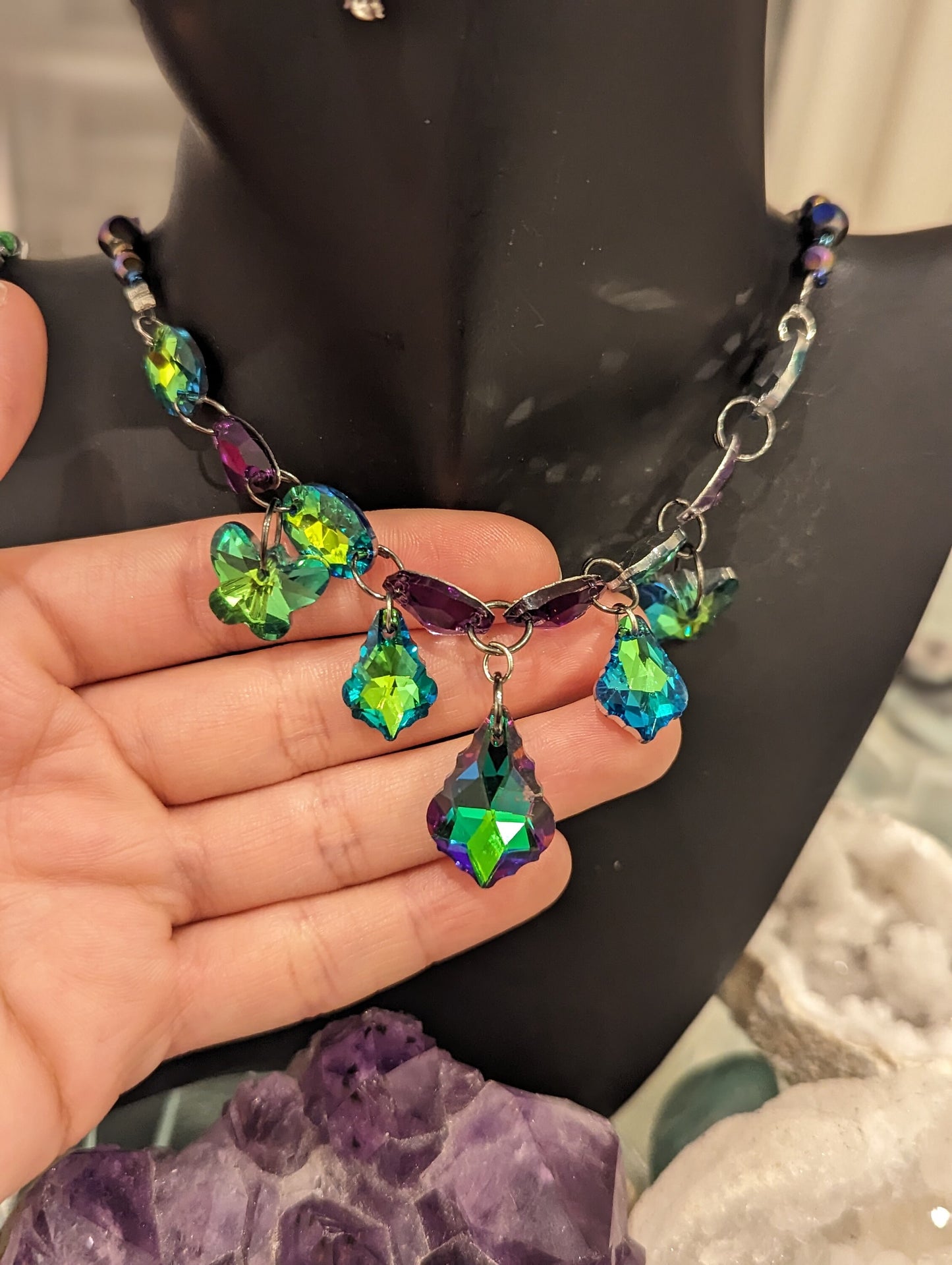 Fairy Set: Green Purple Glass Baroque Pendant, Green Butterfly Pendants, Green Baroque Pendants and Glass Connector Beads, Flower Earrings