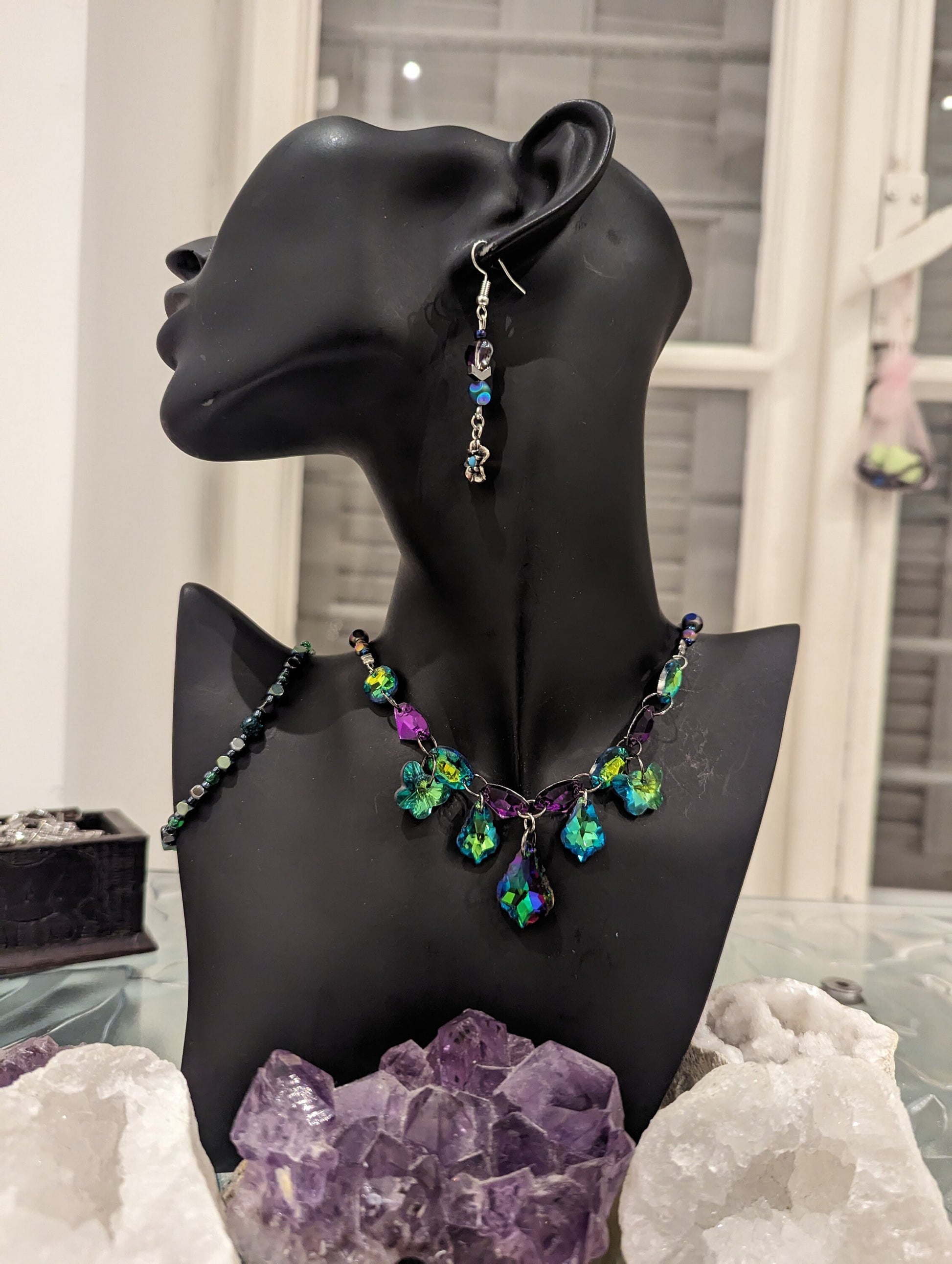 Fairy Set: Green Purple Glass Baroque Pendant, Green Butterfly Pendants, Green Baroque Pendants and Glass Connector Beads, Flower Earrings