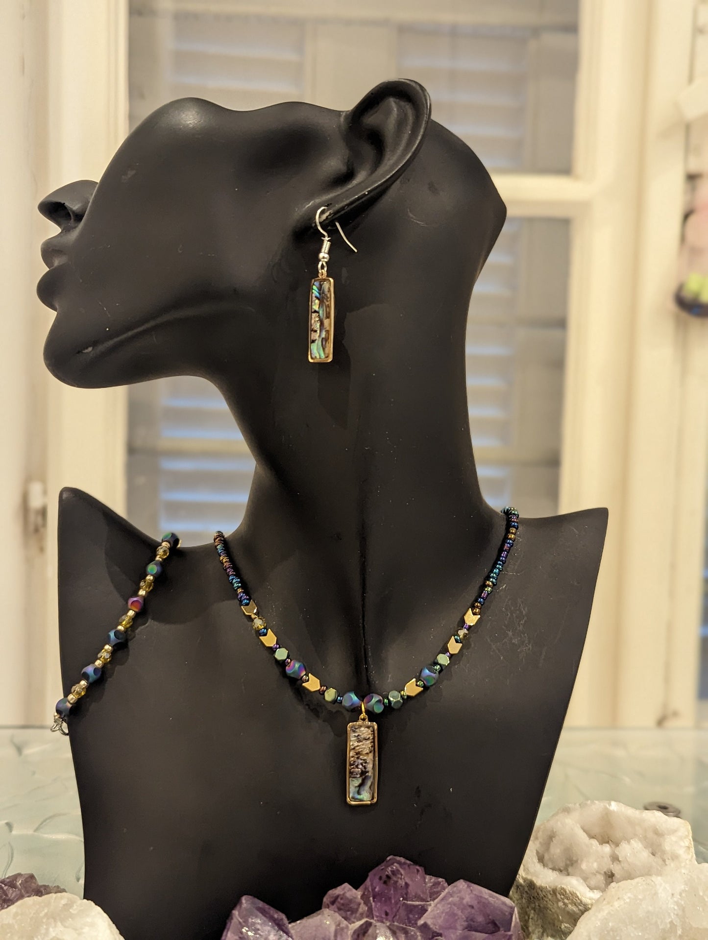 Golden Framed Abalone Shell Necklace and Earrings with Fitting Bracelet with Golden Arrow, Blue and Green Beads