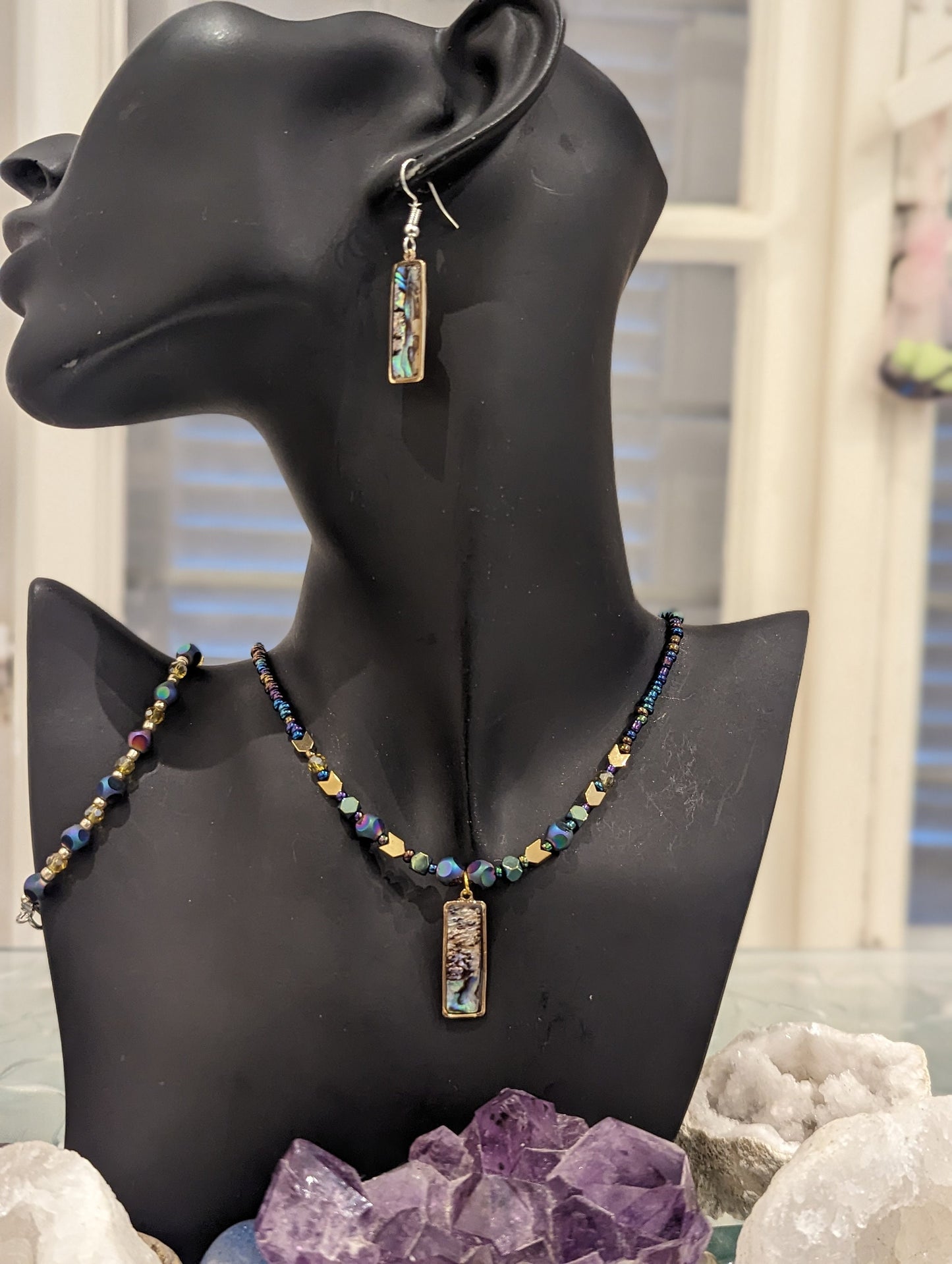 Golden Framed Abalone Shell Necklace and Earrings with Fitting Bracelet with Golden Arrow, Blue and Green Beads