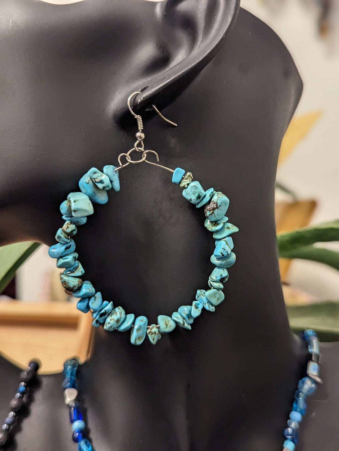 Light Blue Necklace with Agate Grey Gemstone Pendant and Turquoise Loop Earrings with Black Blue Beaded Bracelet